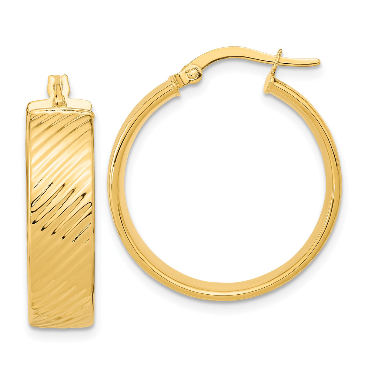14k Yellow Gold Hoop Earrings, Lightweight Textured Diagonal Line Design