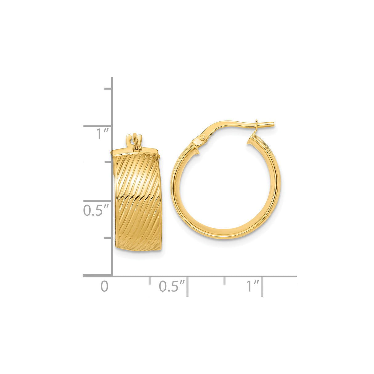 14k Yellow Gold Hoop Earrings with Diagonal Diamond-Cut Texture, Hinged Back, High Polish Finish