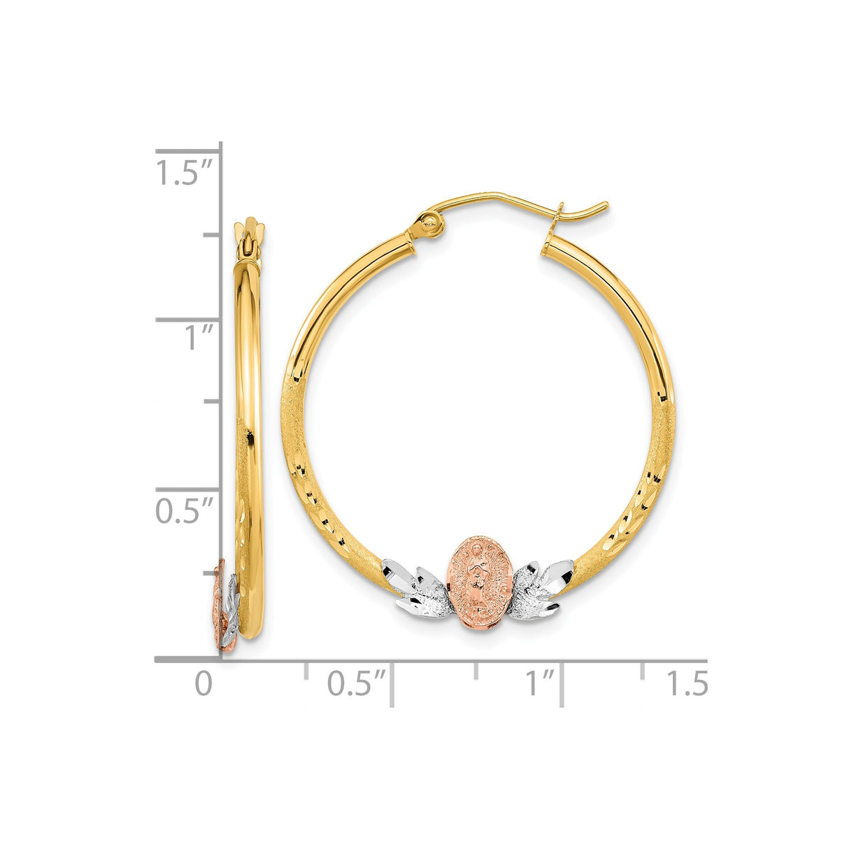 14k Tri-Color Gold Hoop Earrings with Oval Virgin Mary Medallion and Floral Accents