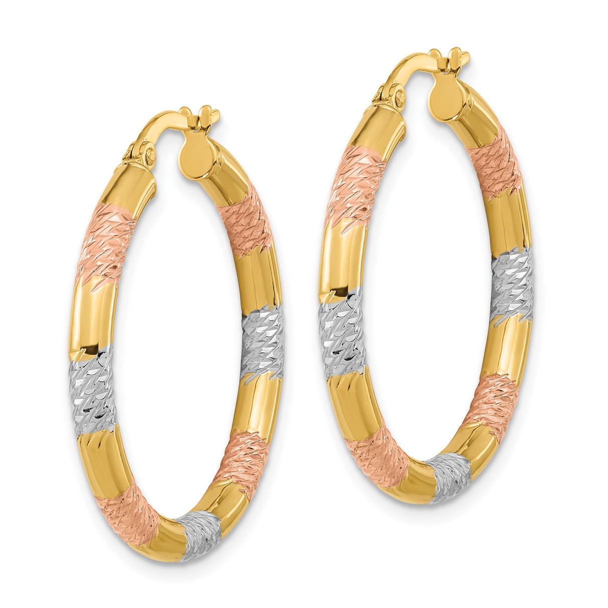 14k Yellow Gold Tri Color Hoop Earrings with Textured Diamond Cut Design for Women