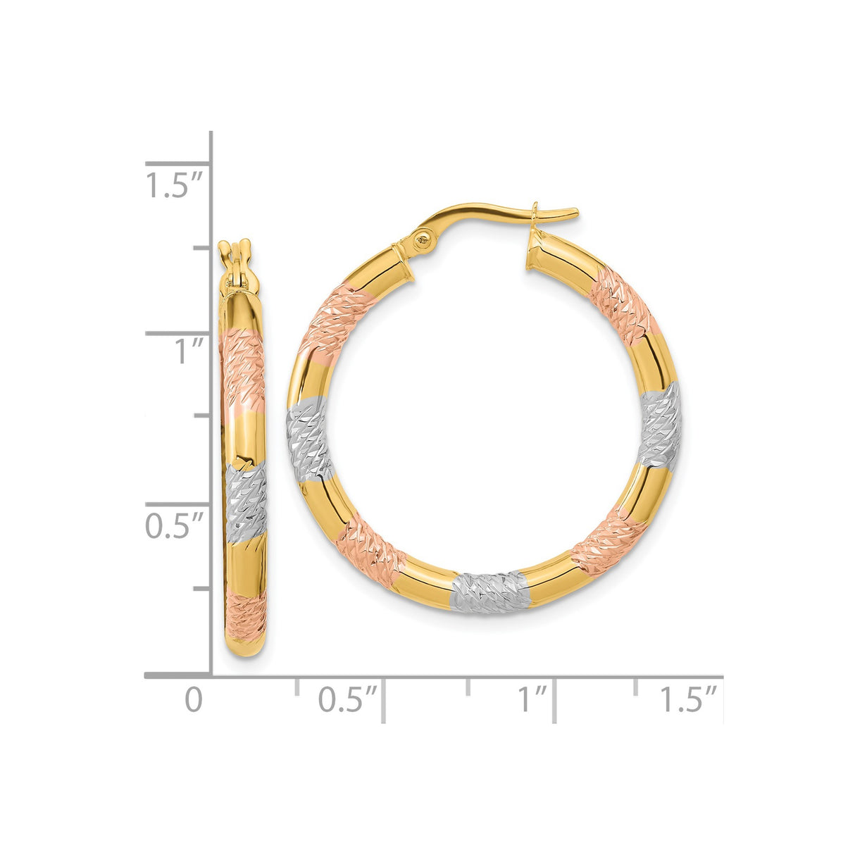 14k Yellow Gold Tri Color Hoop Earrings with Textured Diamond Cut Design for Women