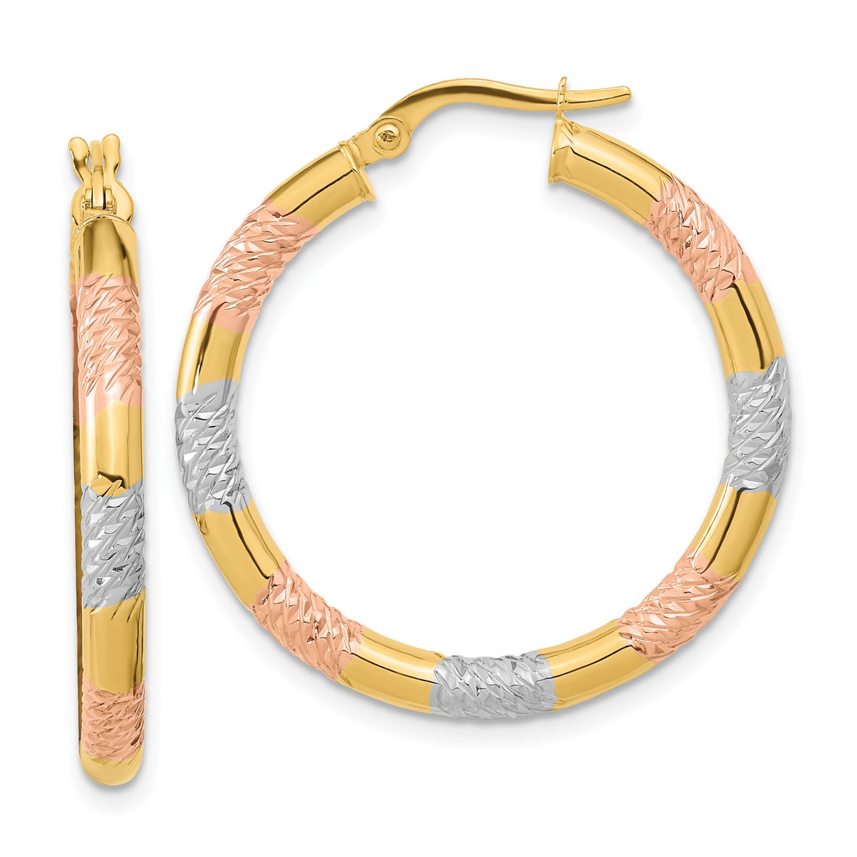 14k Yellow Gold Tri Color Hoop Earrings with Textured Diamond Cut Design for Women