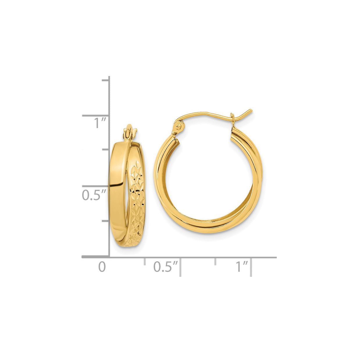 14k Yellow Gold Hoop Earrings with Polished Finish and Diamond Cut Leaf Pattern