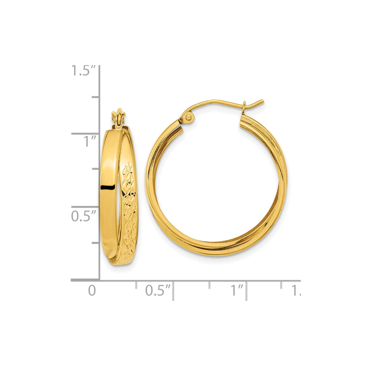 14k Yellow Gold Hoop Earrings with Polished Finish and Diamond Cut Texture