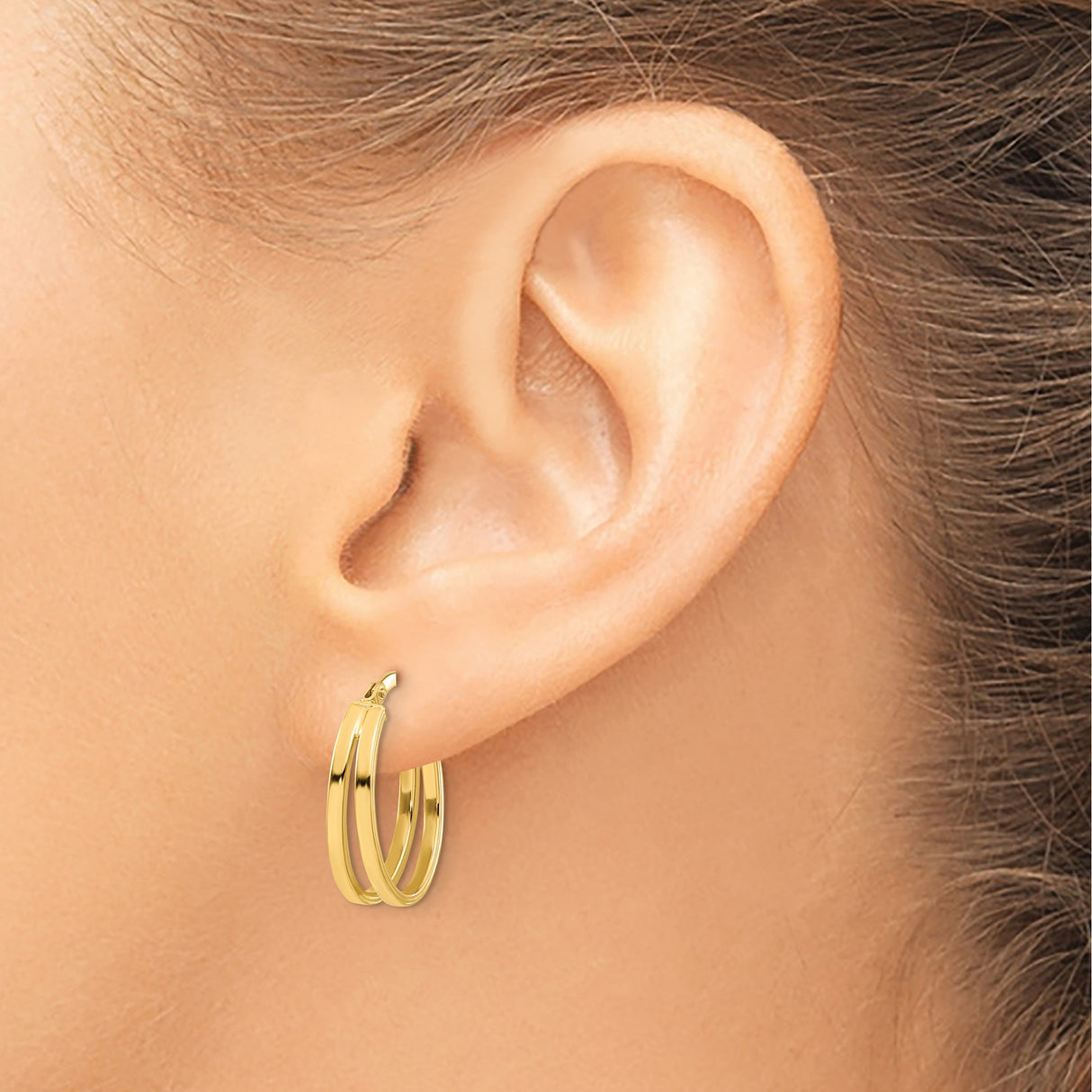 14k Yellow Gold Hoop Earrings, Double Bar Design, Polished Minimalist Style for Women