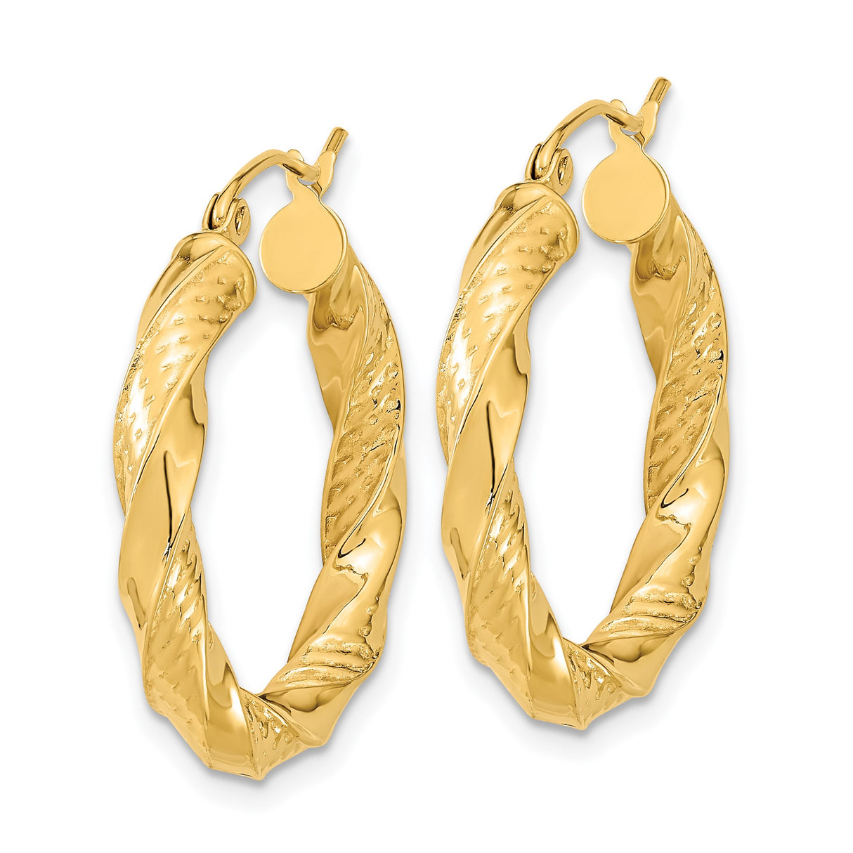 14k Yellow Gold Twisted Hoop Earrings with Polished Textured Finish for Women