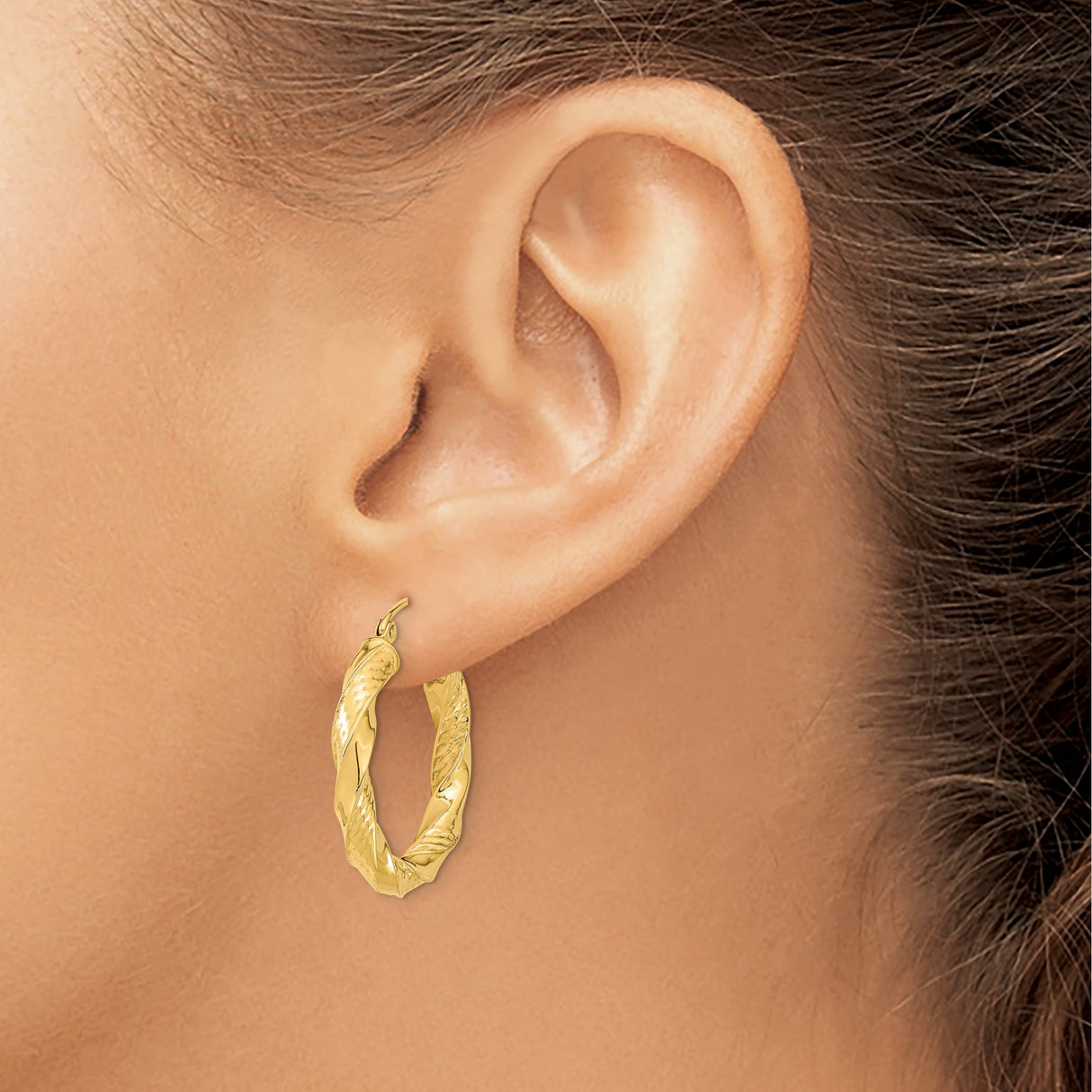 14k Yellow Gold Twisted Hoop Earrings with Polished Textured Finish for Women