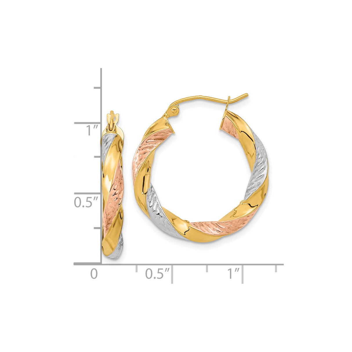 14k Tri-Color Gold Twisted Hoop Earrings, Textured Polished Medium Hoops for Women