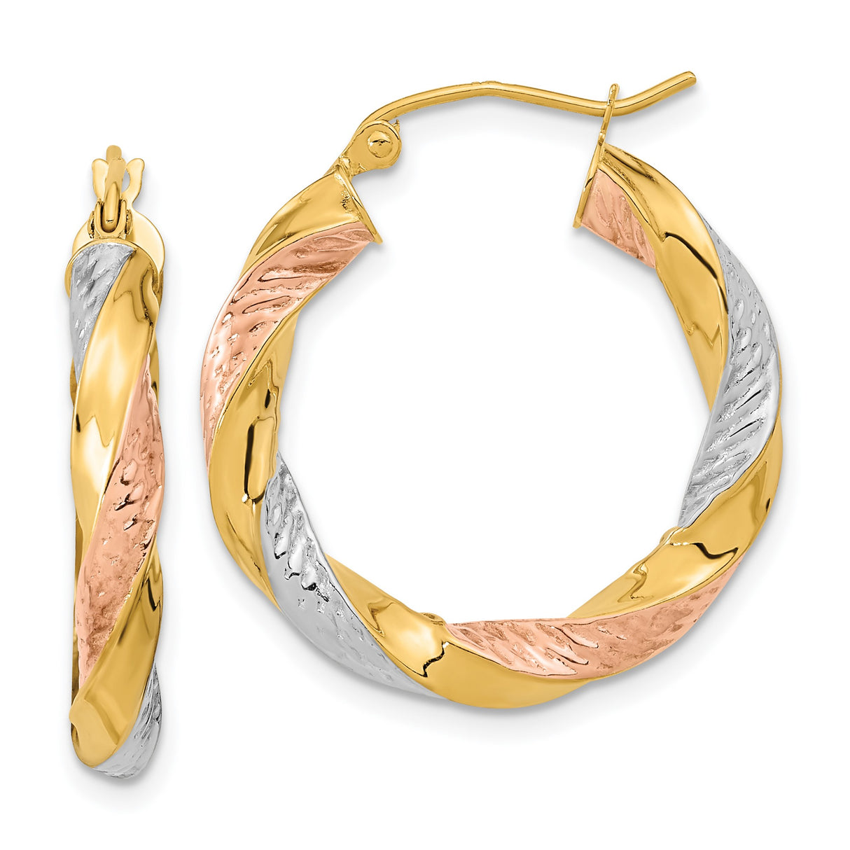 14k Tri-Color Gold Twisted Hoop Earrings, Textured Polished Medium Hoops for Women