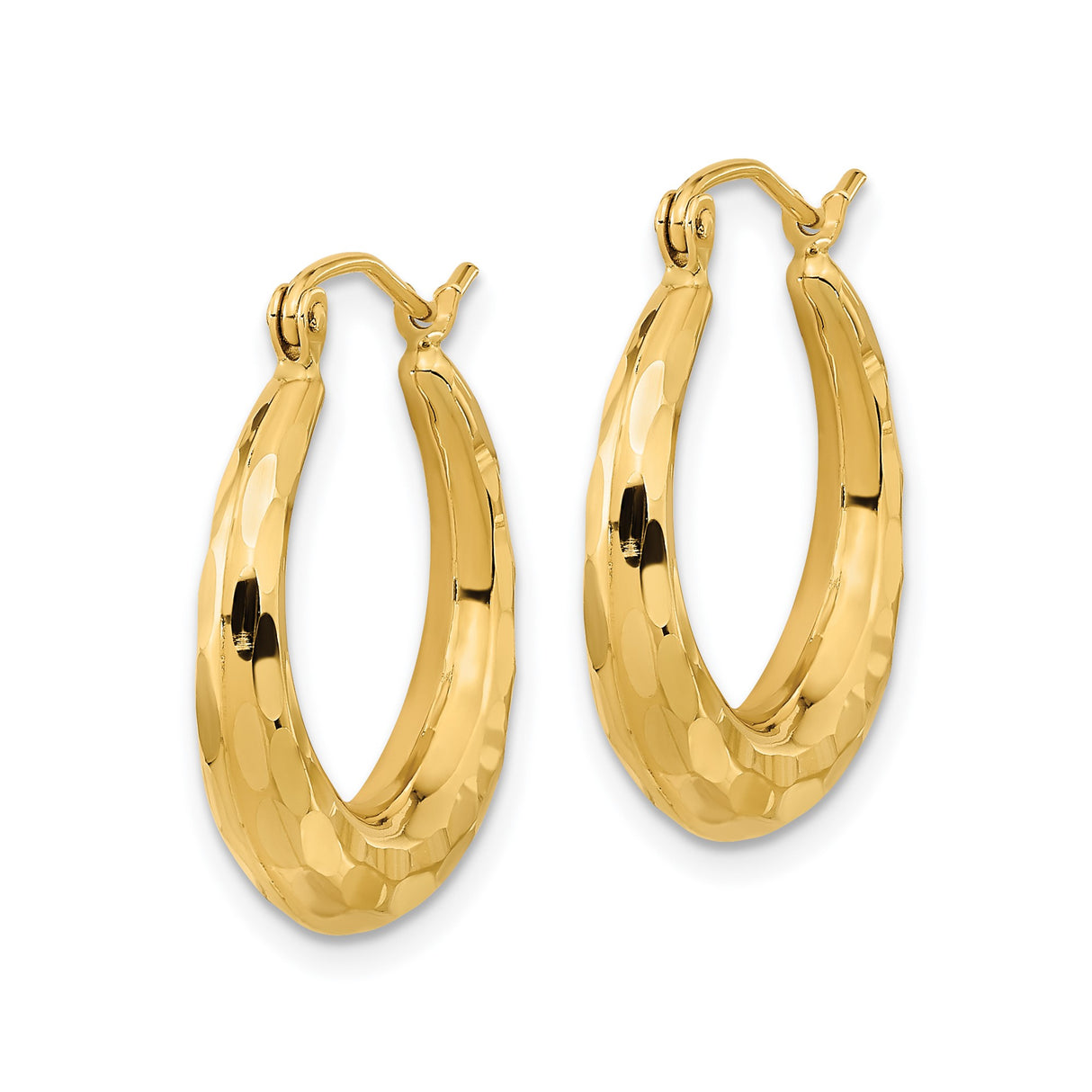 14k Yellow Gold Hoop Earrings, Hammered Crescent Shape with Polished Finish