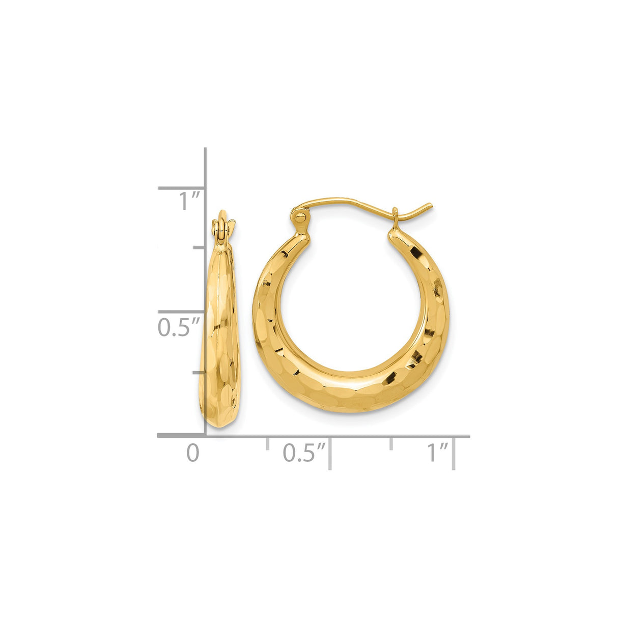 14k Yellow Gold Hoop Earrings, Hammered Crescent Shape with Polished Finish