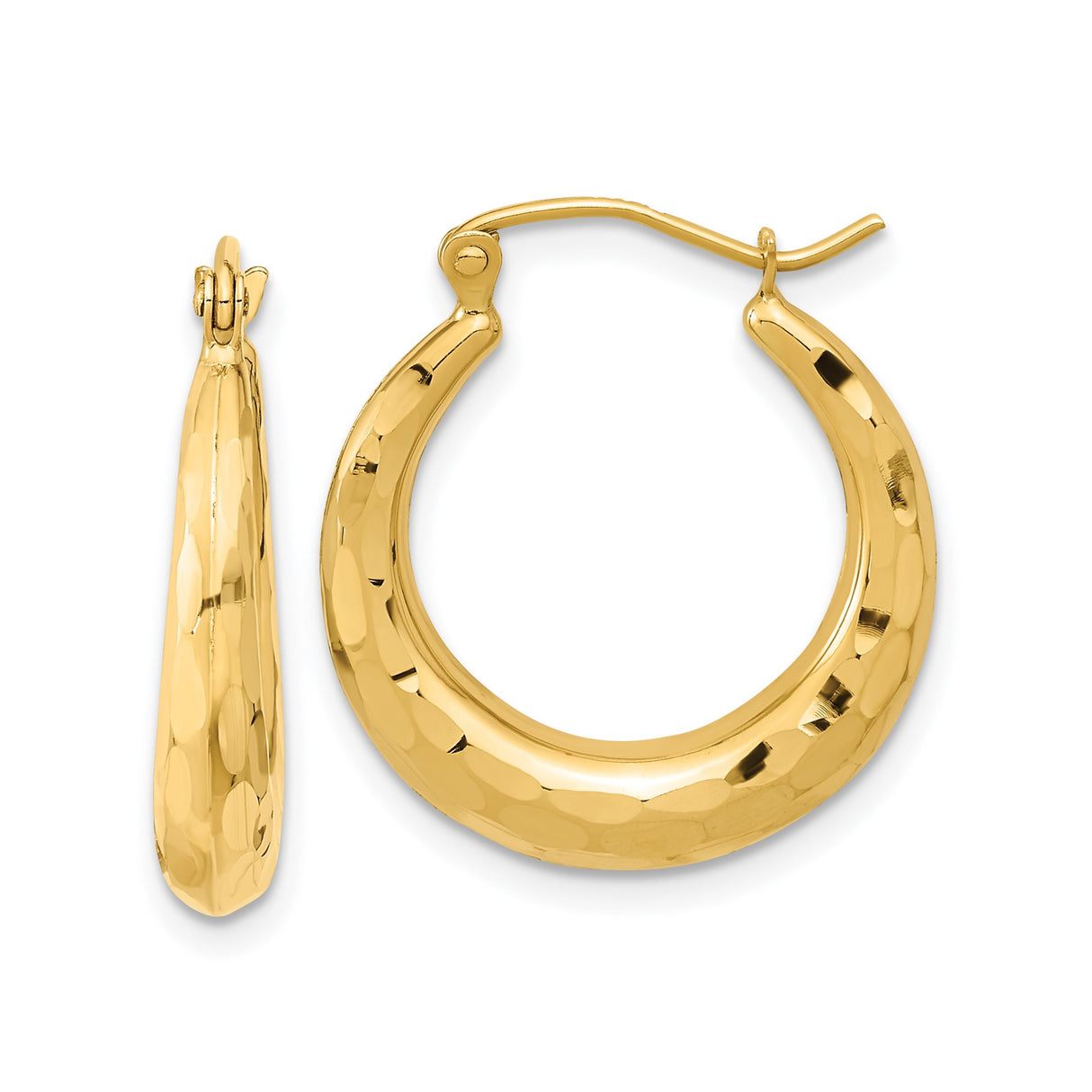 14k Yellow Gold Hoop Earrings, Hammered Crescent Shape with Polished Finish