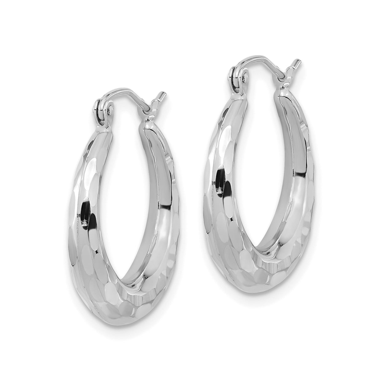 14k White Gold Hoop Earrings, Hammered Textured Design, Lightweight Modern Style for Women