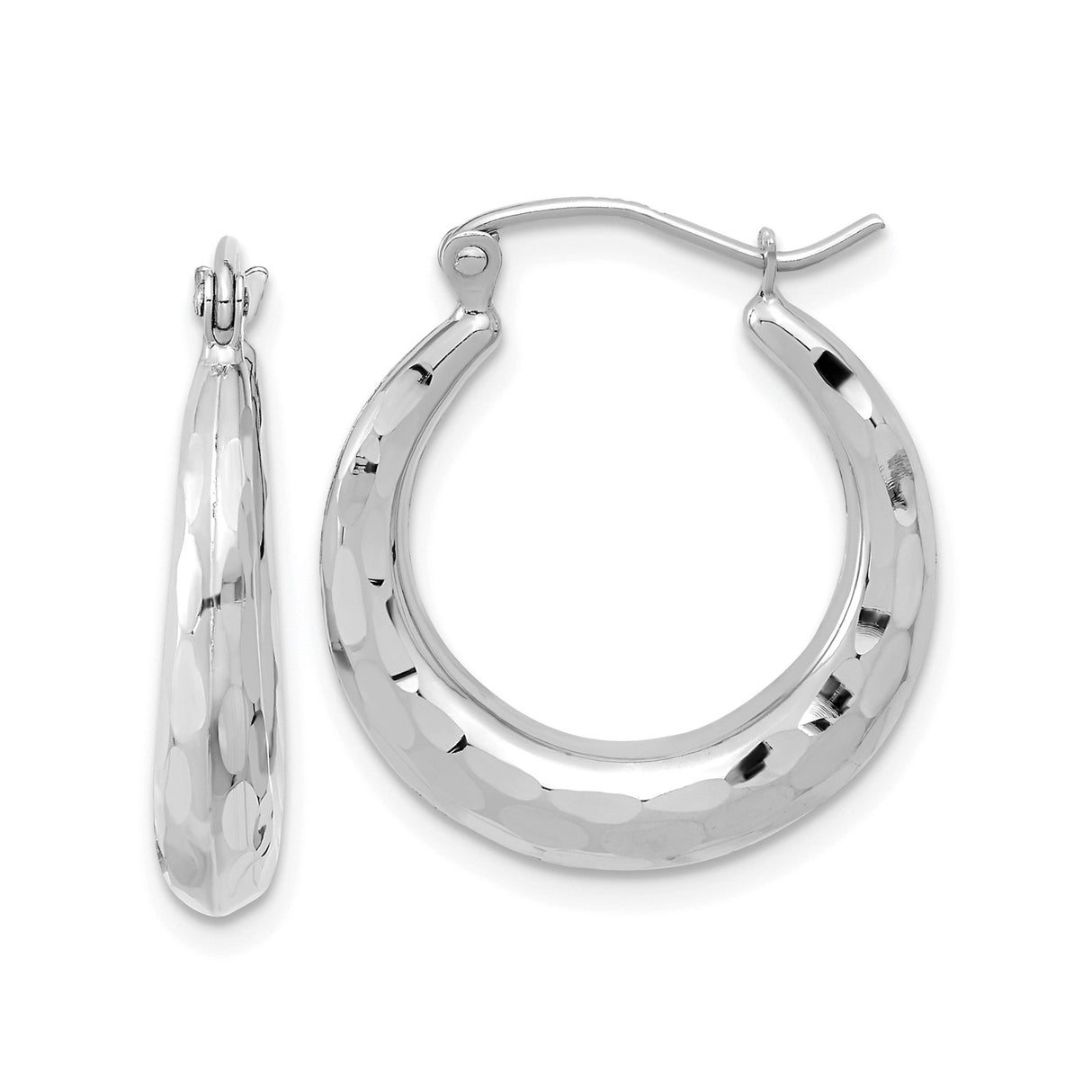 14k White Gold Hoop Earrings, Hammered Textured Design, Lightweight Modern Style for Women
