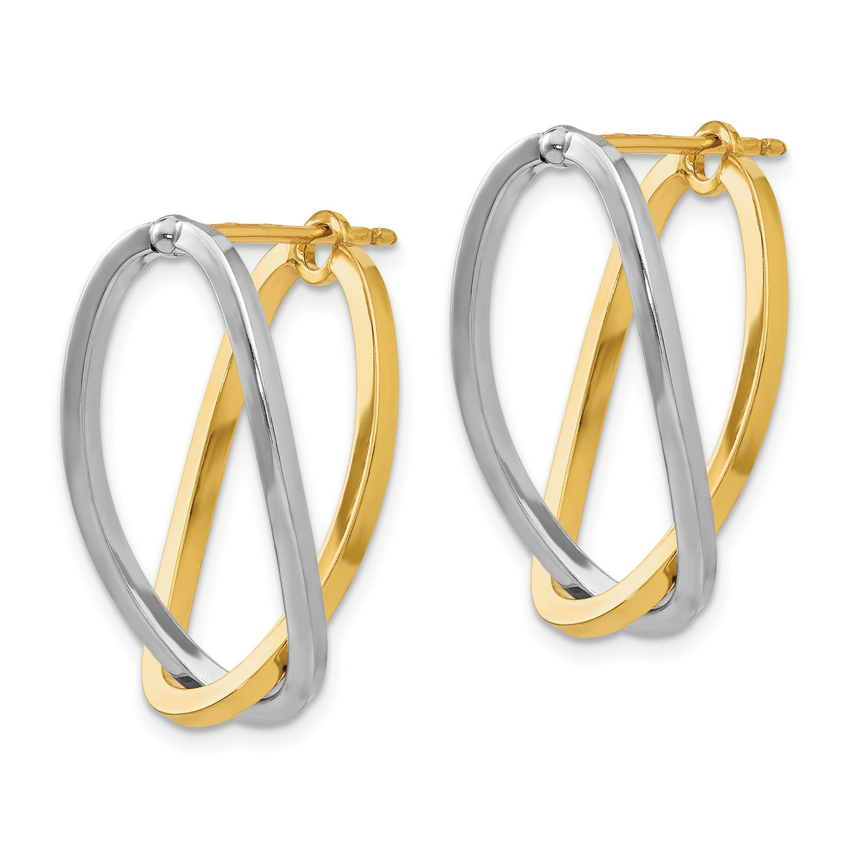 14k Yellow and White Gold Oval Hoop Earrings, Interlocking Polished Design for Women