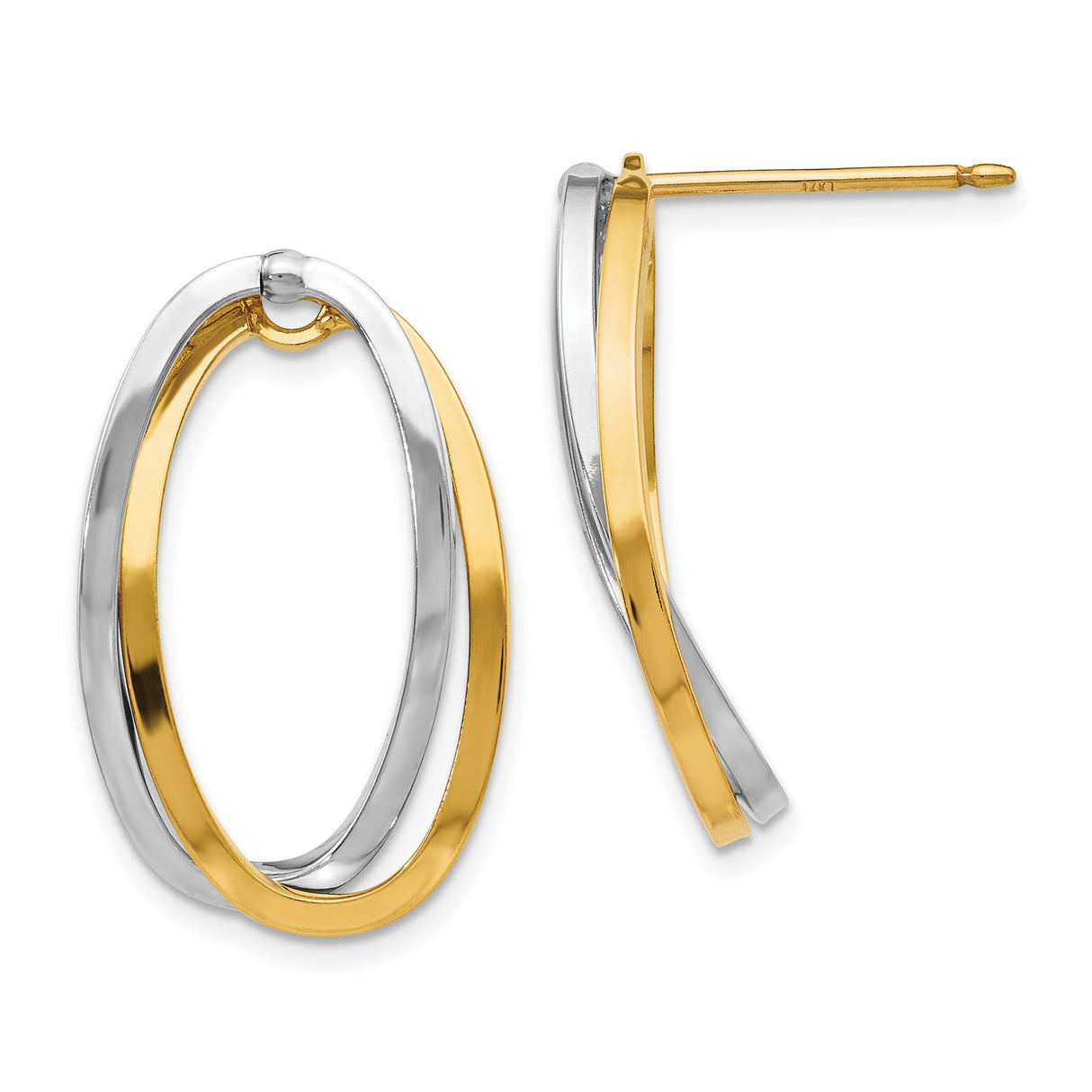 14k Yellow and White Gold Oval Hoop Earrings, Interlocking Polished Design for Women