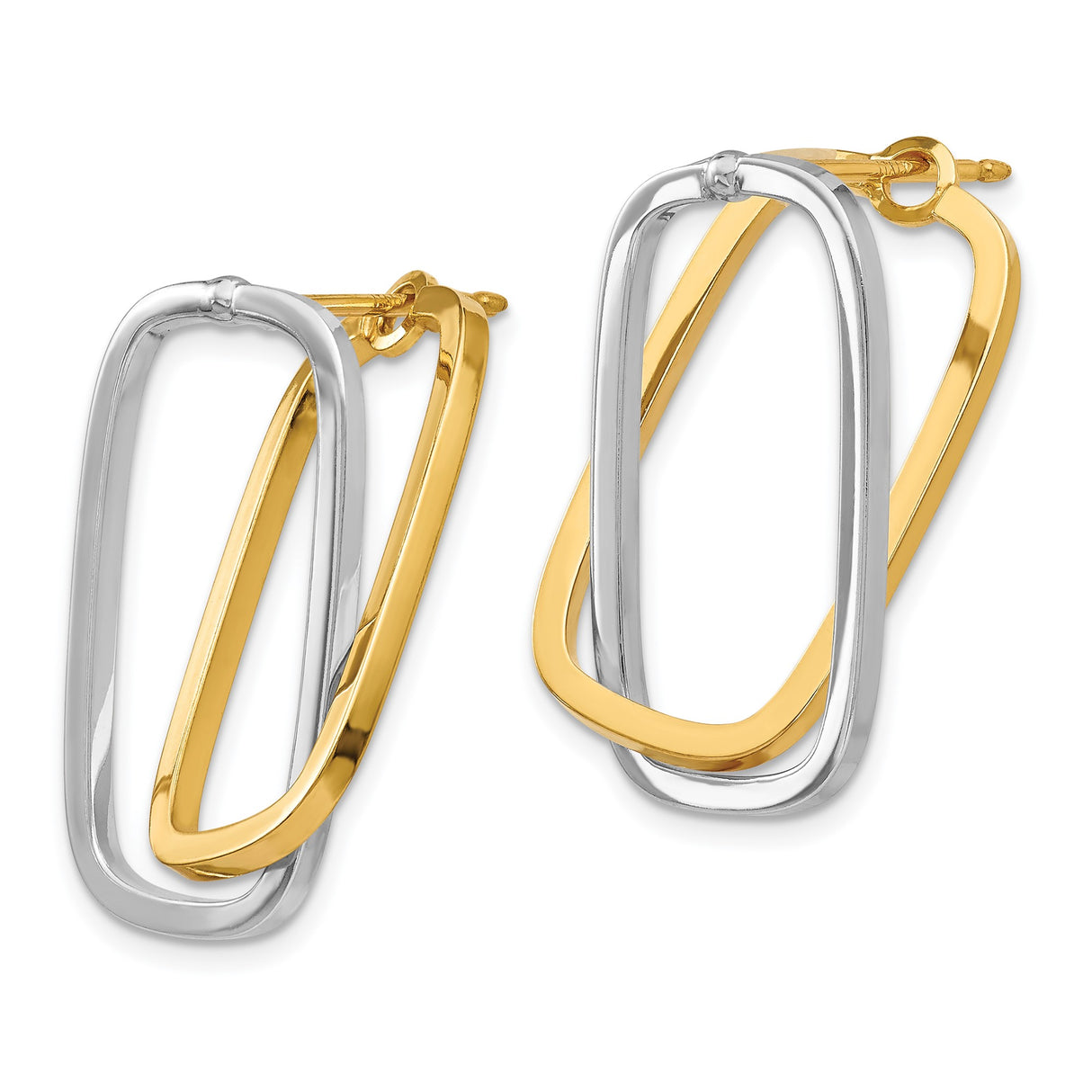 14k Yellow Gold Hoop Earrings with Elongated Open Oval Two-Tone Interlocking Design for Women