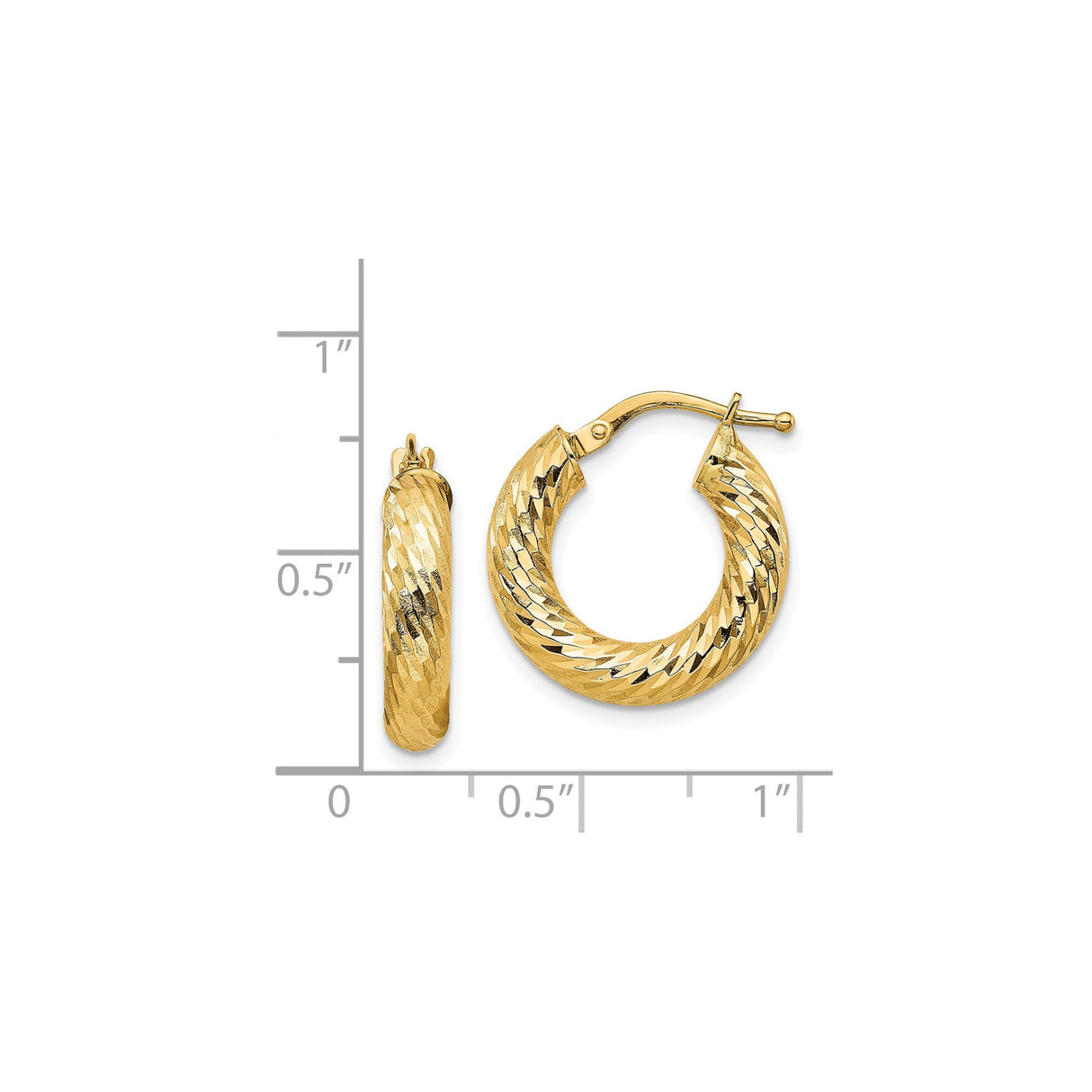 14k Yellow Gold Hoop Earrings, Twisted Diamond-Cut Texture, High Polish Finish, 1.2 Inch