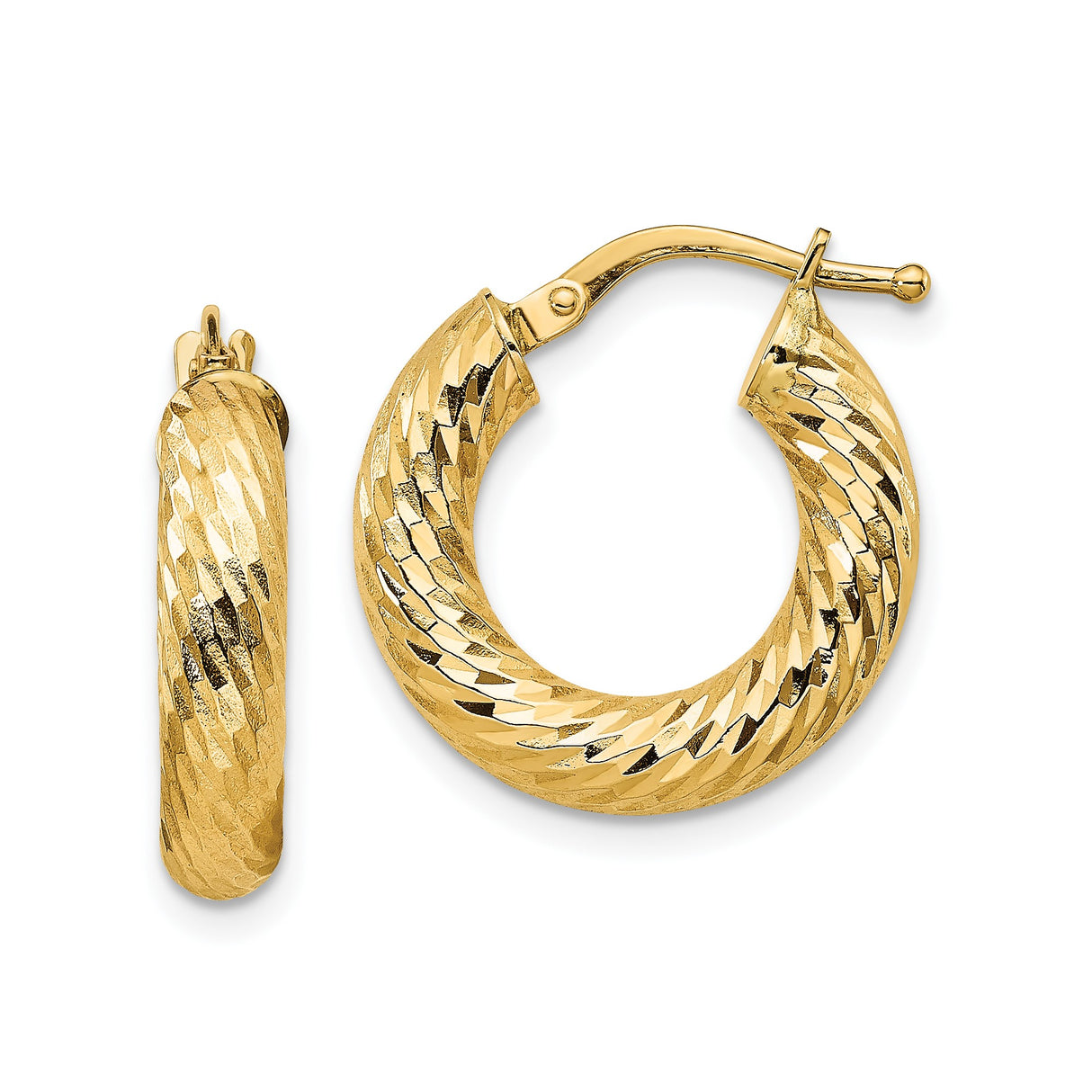 14k Yellow Gold Hoop Earrings, Twisted Diamond-Cut Texture, High Polish Finish, 1.2 Inch