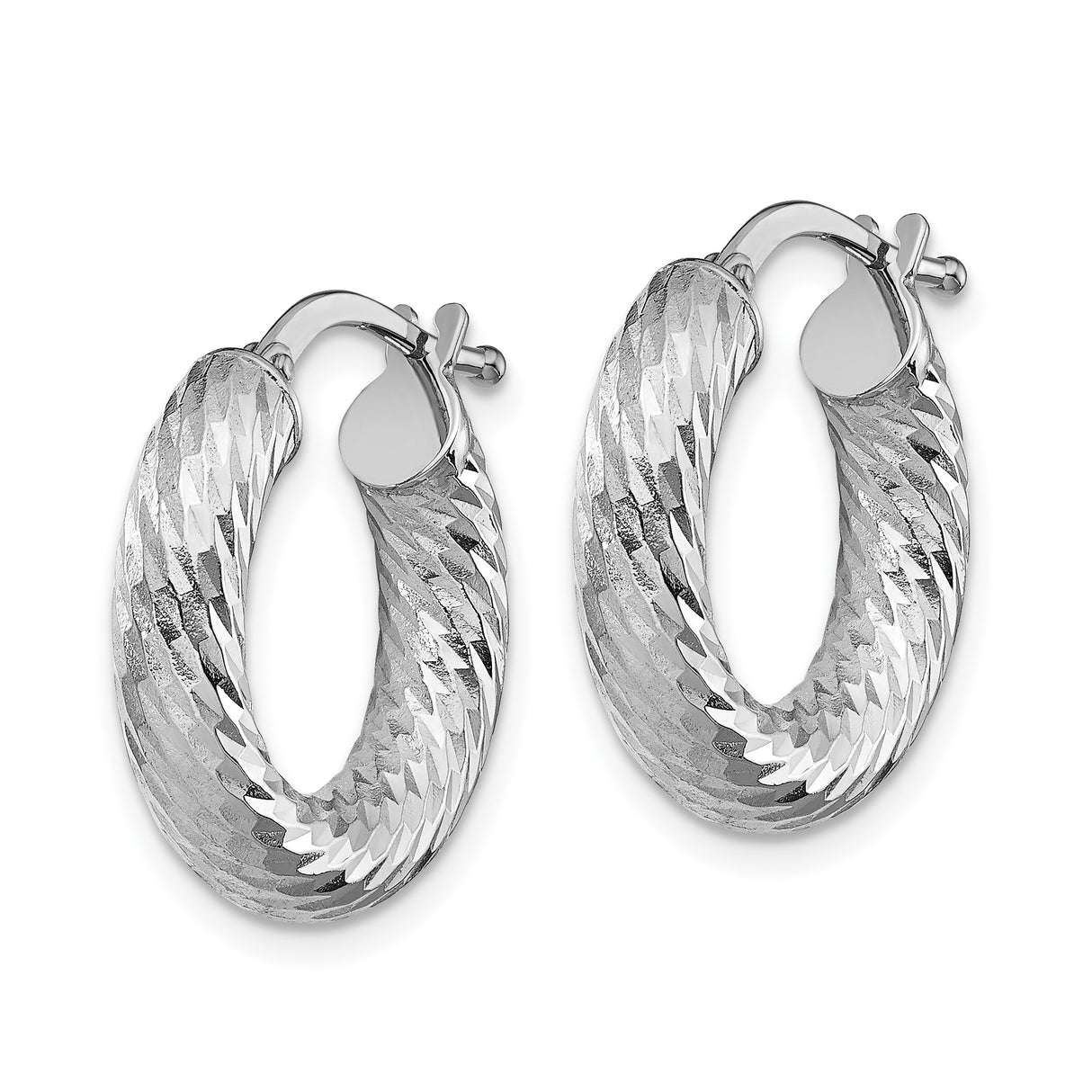 14k White Gold Hoop Earrings, Diamond Cut Twisted Textured Lightweight Style for Women