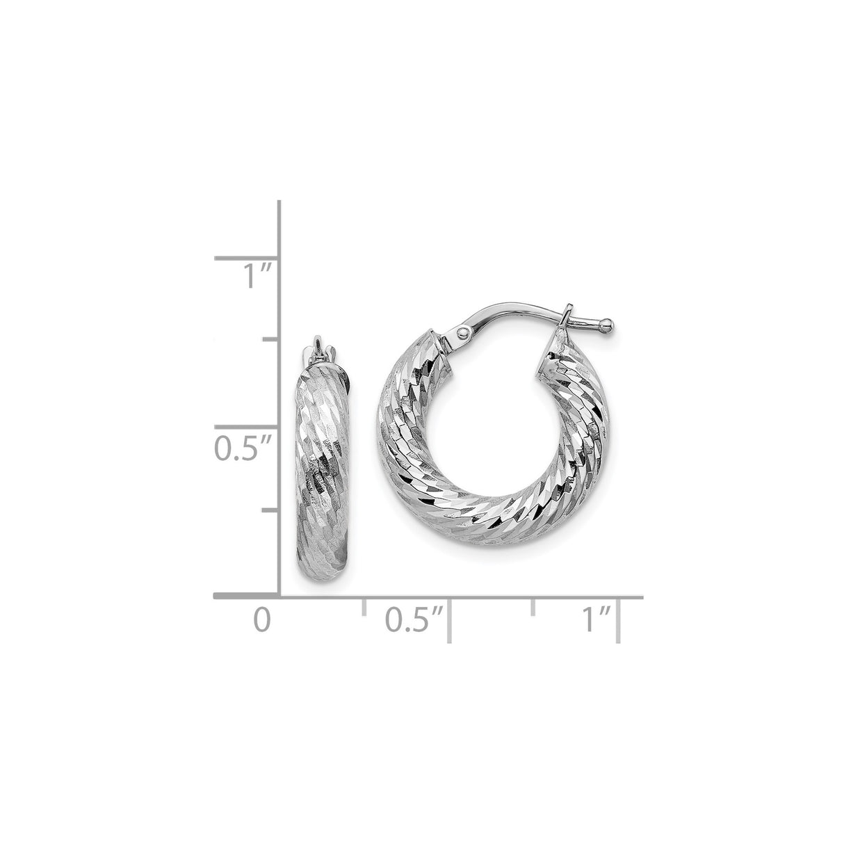 14k White Gold Hoop Earrings, Diamond Cut Twisted Textured Lightweight Style for Women