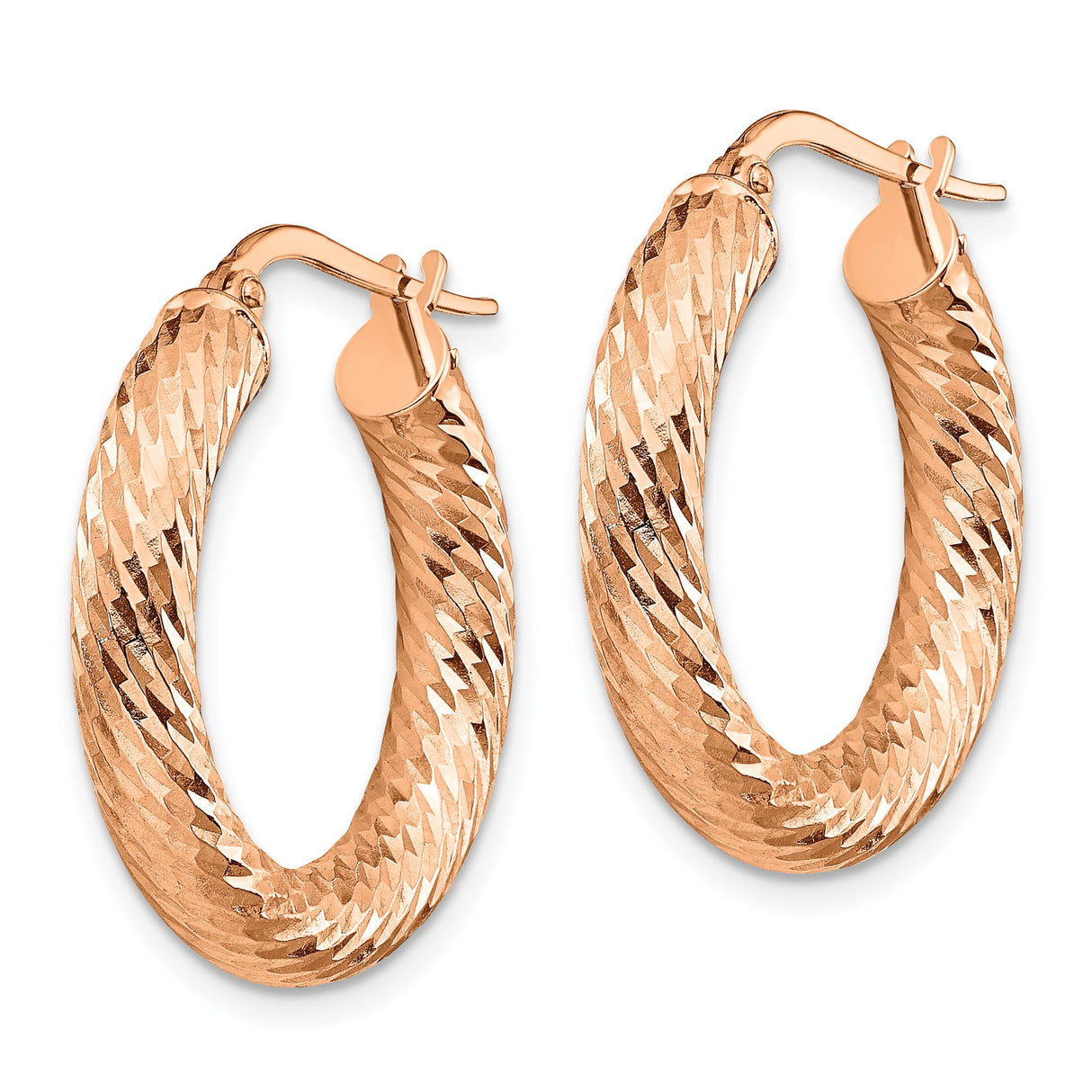 14k Rose Gold Hoop Earrings, Polished Diamond Cut Texture, Lightweight Classic Style