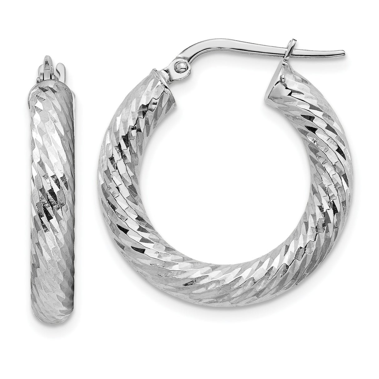 14k White Gold Hoop Earrings with Diamond Cut Twist Texture and High Polish Finish