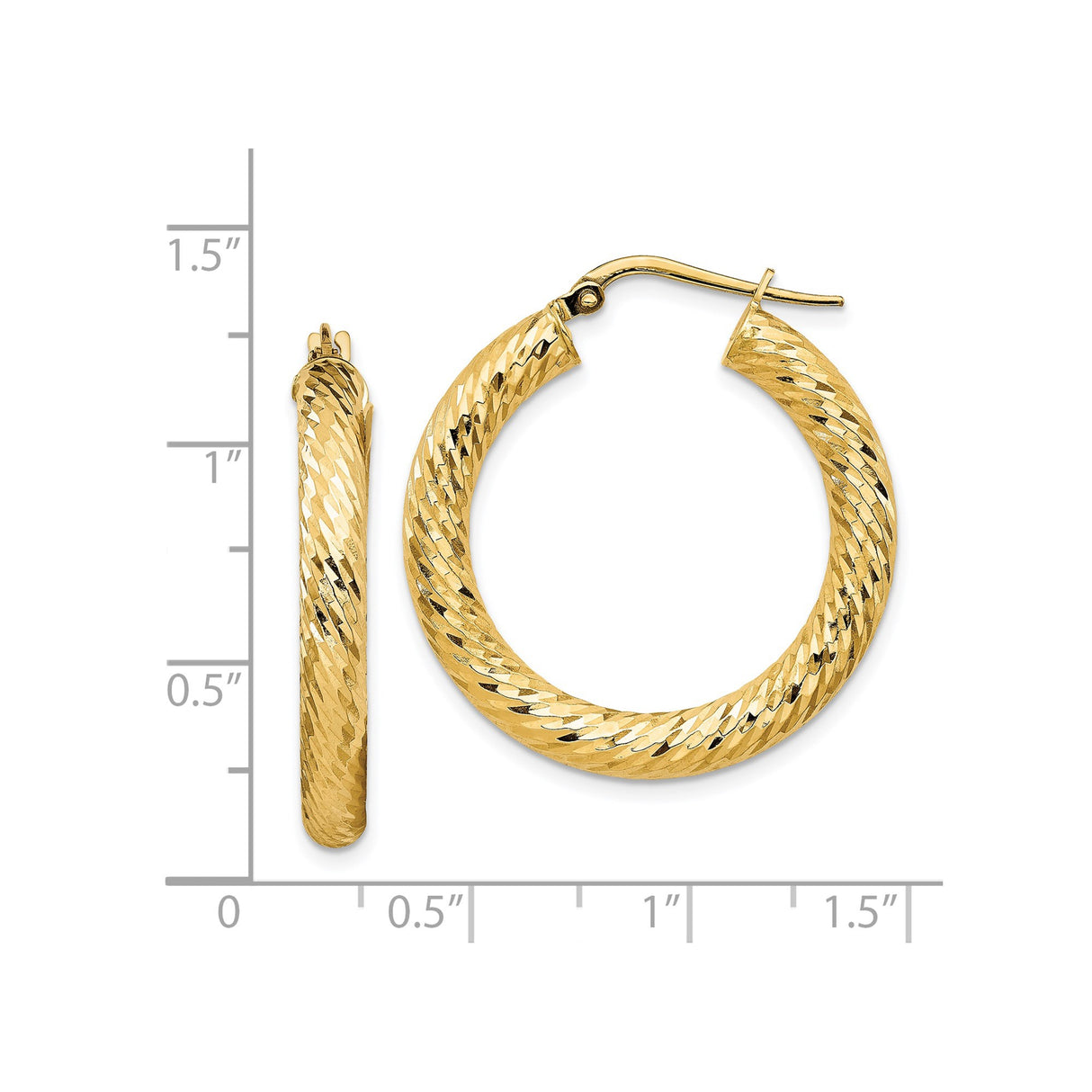 14k Yellow Gold Twisted Hoop Earrings with Diamond-Cut Finish for Women