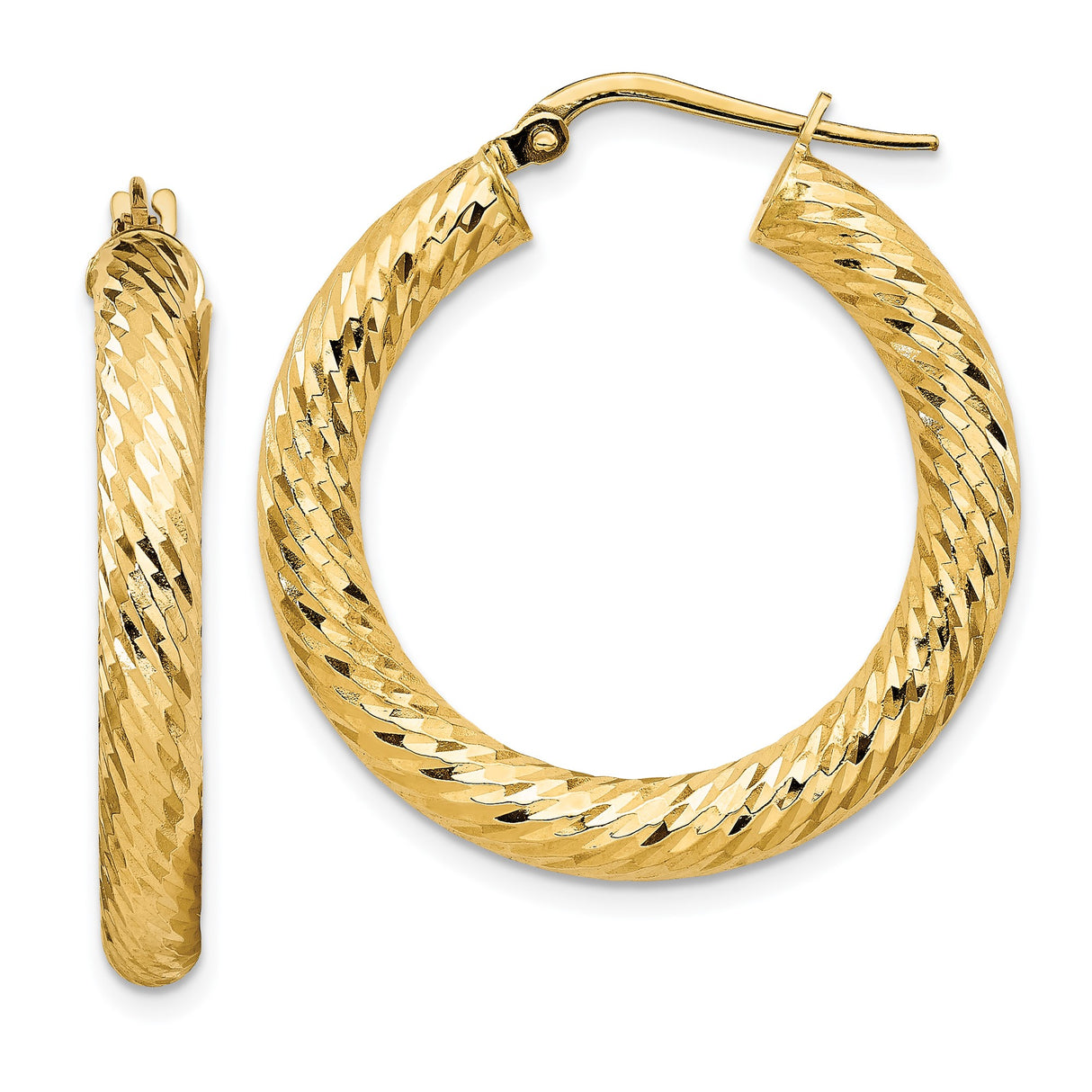 14k Yellow Gold Twisted Hoop Earrings with Diamond-Cut Finish for Women