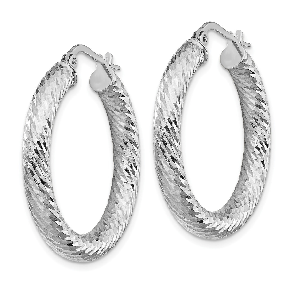 14k White Gold Hoop Earrings with Twisted Diamond Cut Design and Polished Textured Finish