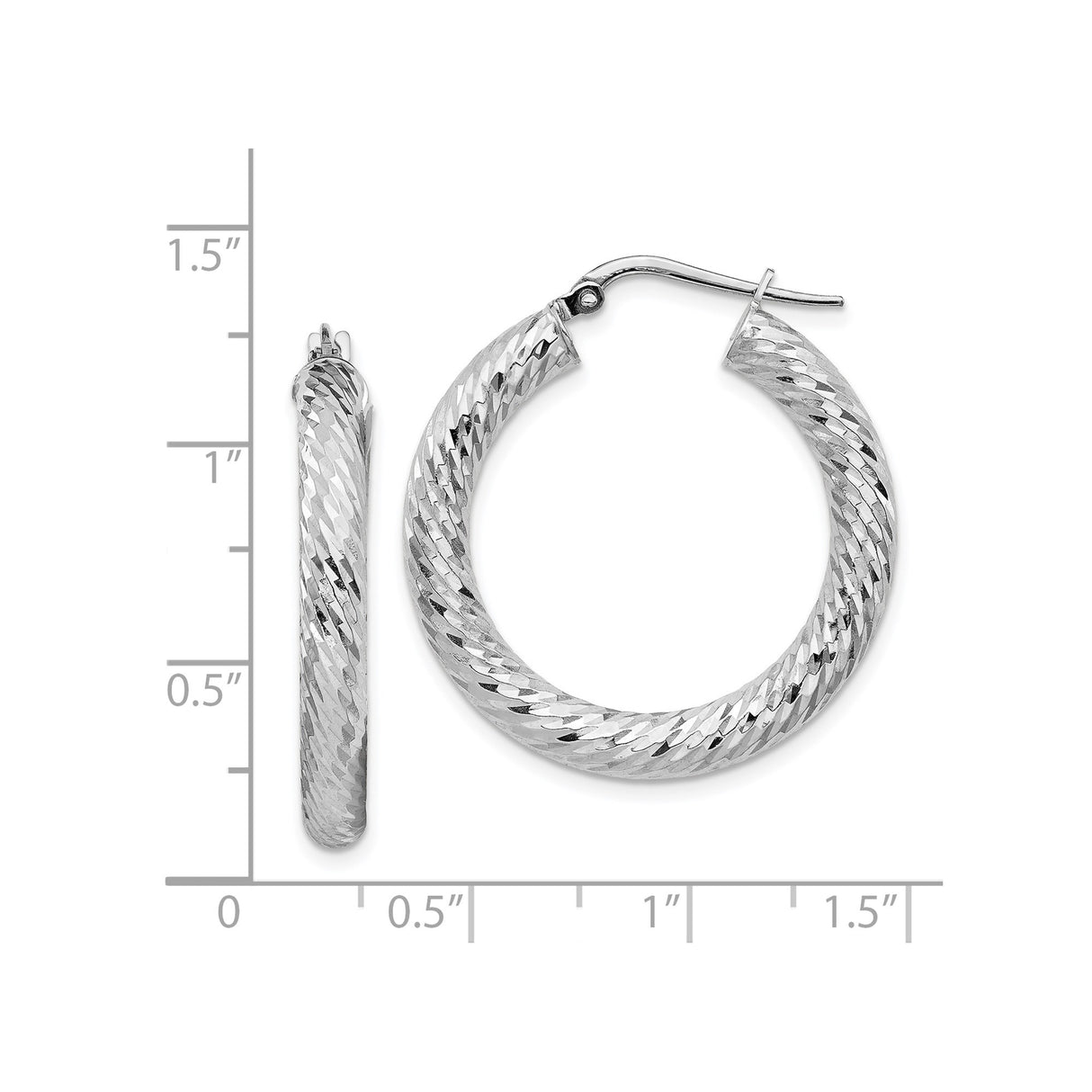 14k White Gold Hoop Earrings with Twisted Diamond Cut Design and Polished Textured Finish