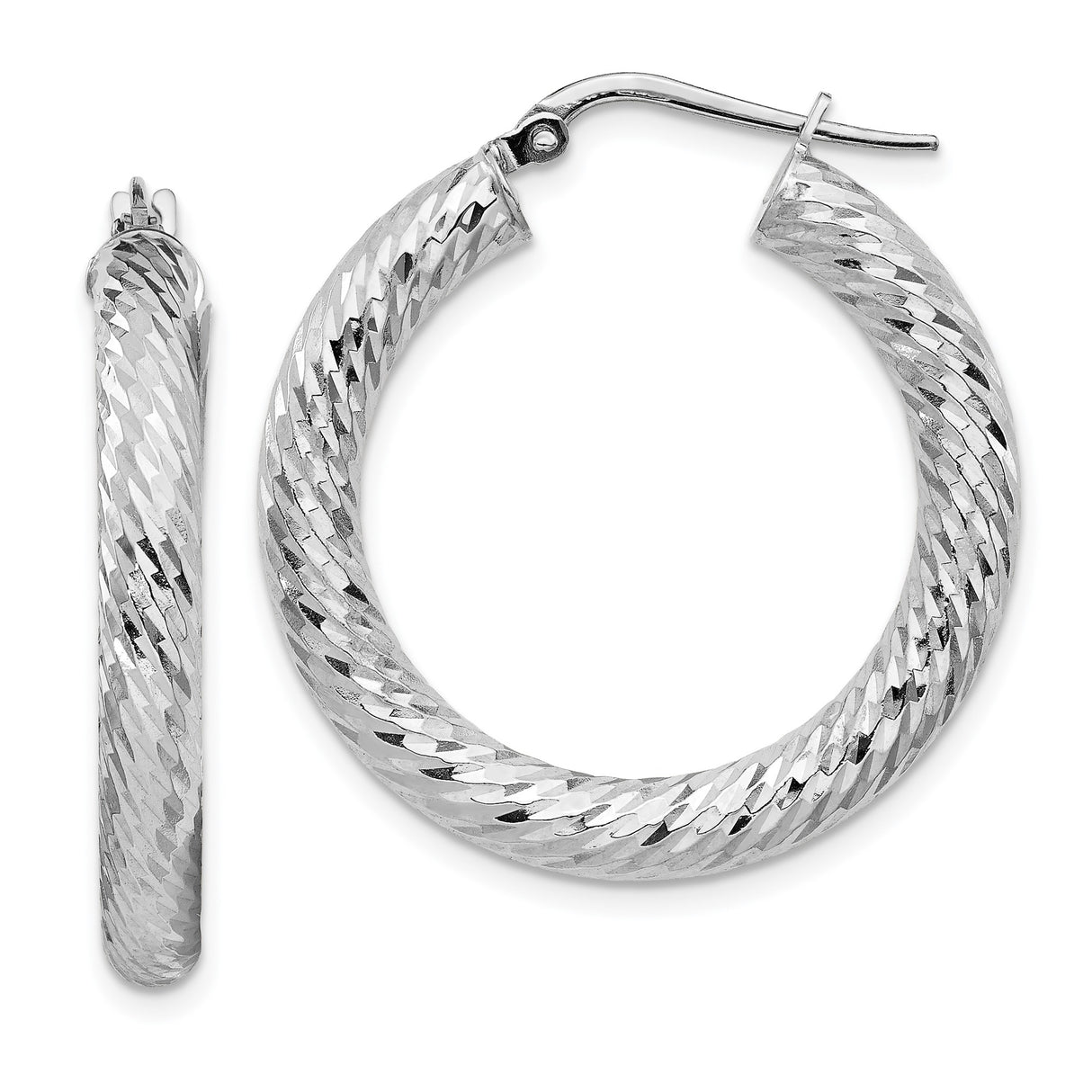 14k White Gold Hoop Earrings with Twisted Diamond Cut Design and Polished Textured Finish