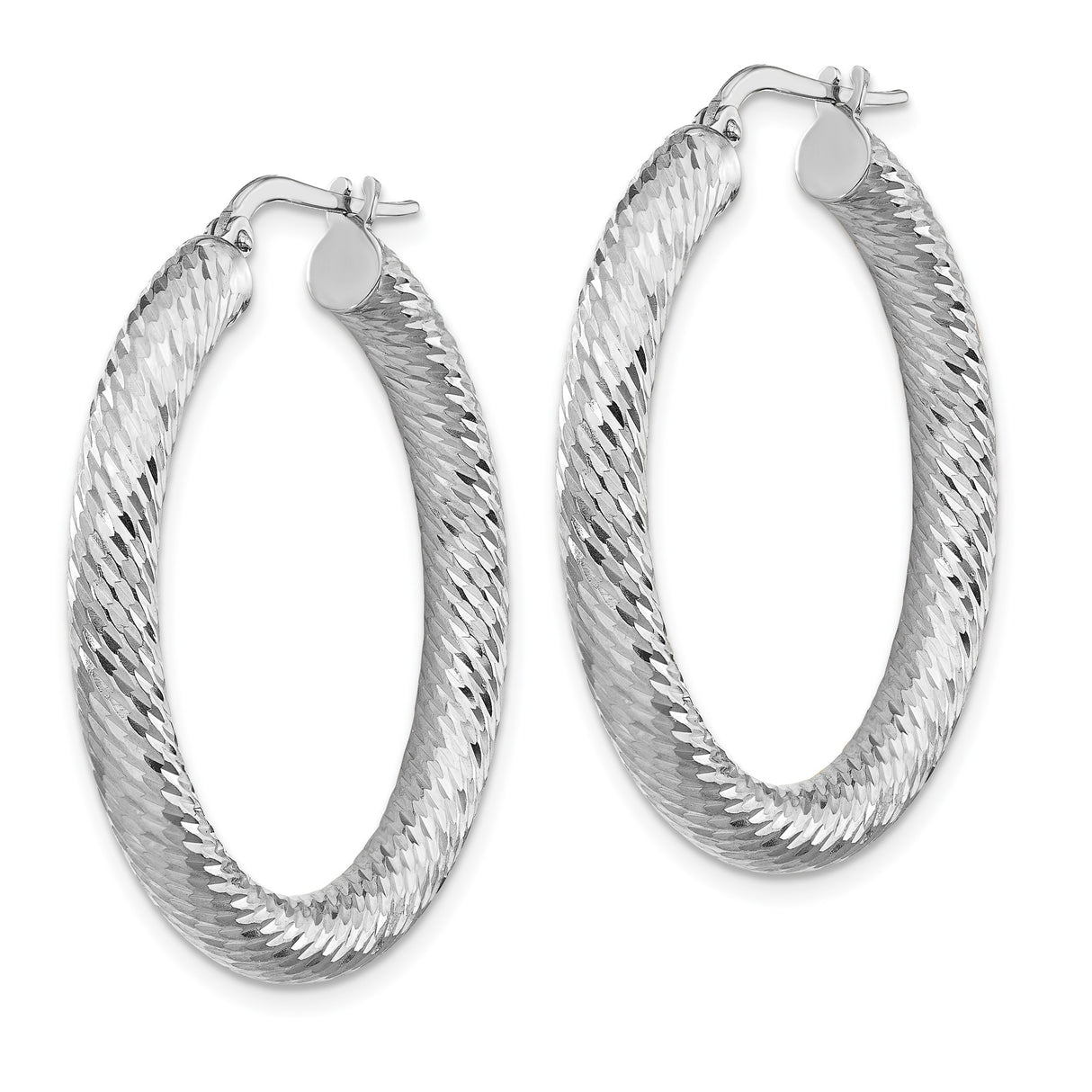 14k White Gold Hoop Earrings, Diamond Cut Textured Design with Latch Back