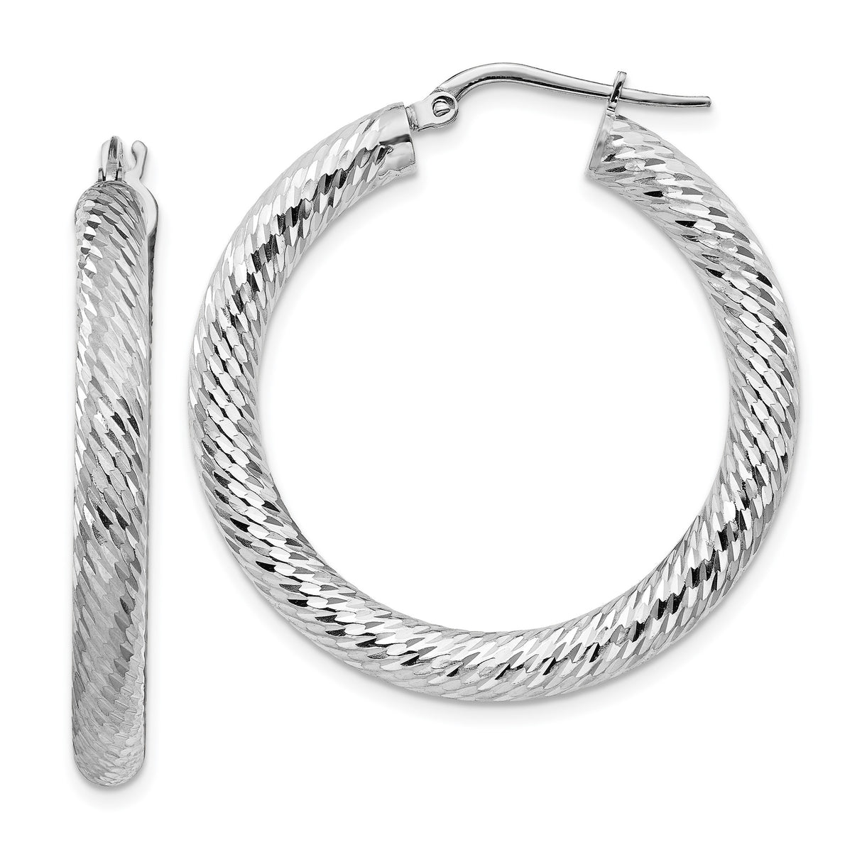 14k White Gold Hoop Earrings, Diamond Cut Textured Design with Latch Back