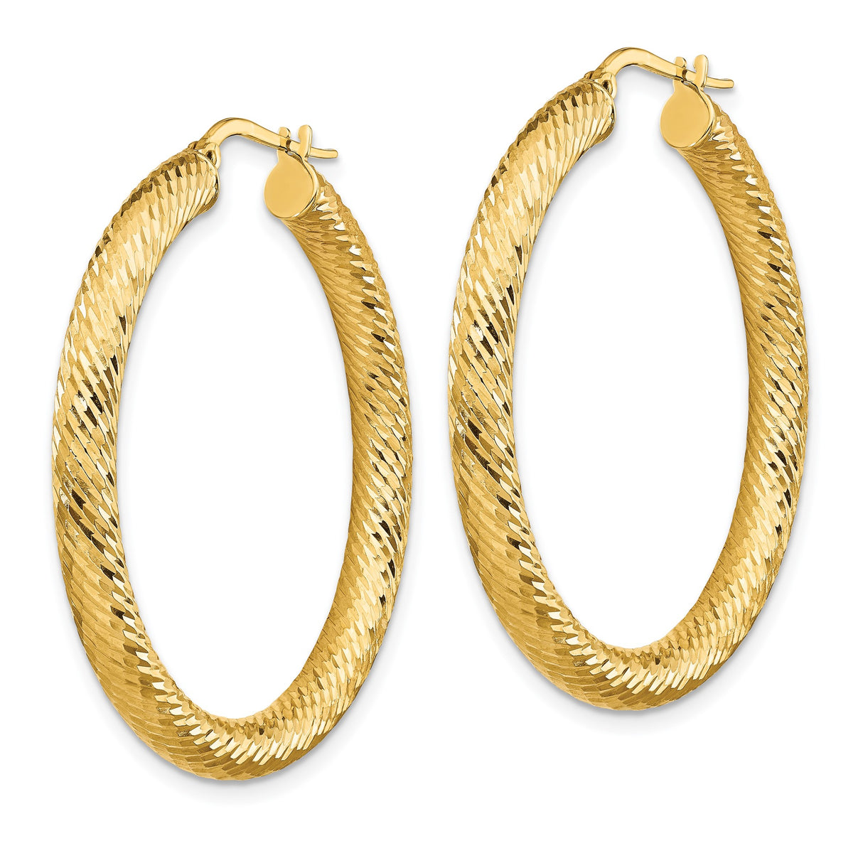 14k Yellow Gold Hoop Earrings, Textured Diamond Cut Round Hoops with High Polish Finish