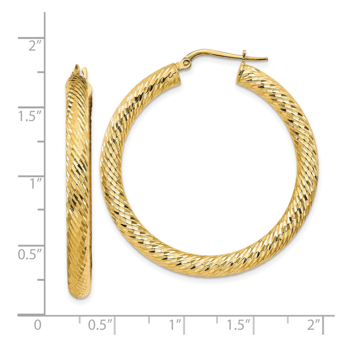 14k Yellow Gold Hoop Earrings, Textured Diamond Cut Round Hoops with High Polish Finish