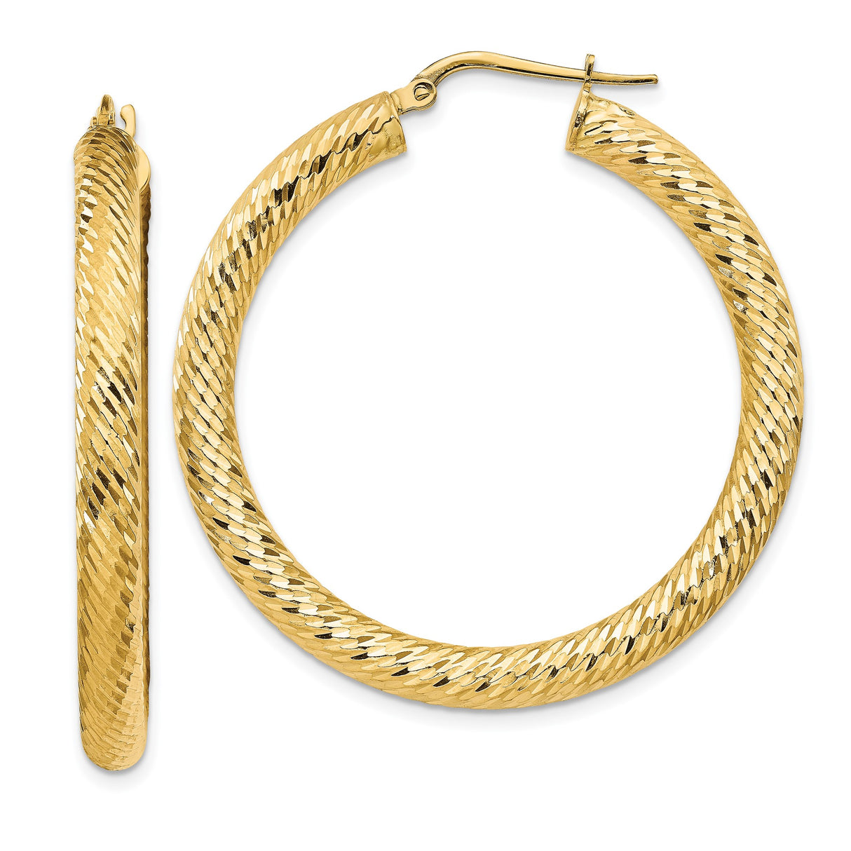 14k Yellow Gold Hoop Earrings, Textured Diamond Cut Round Hoops with High Polish Finish