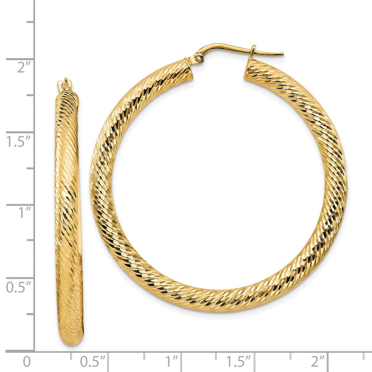 14k Yellow Gold Hoop Earrings, Textured Diamond-Cut Round Design with Polished Shine Finish