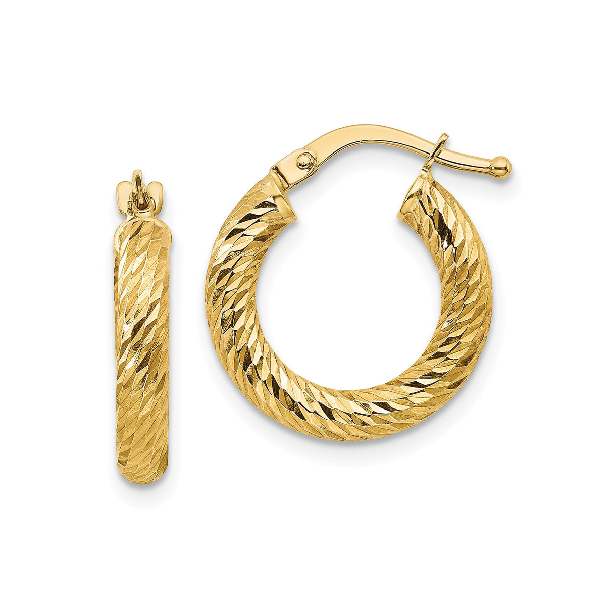 14k Yellow Gold Hoop Earrings, Twisted Diamond Cut Design, Textured Polished Finish