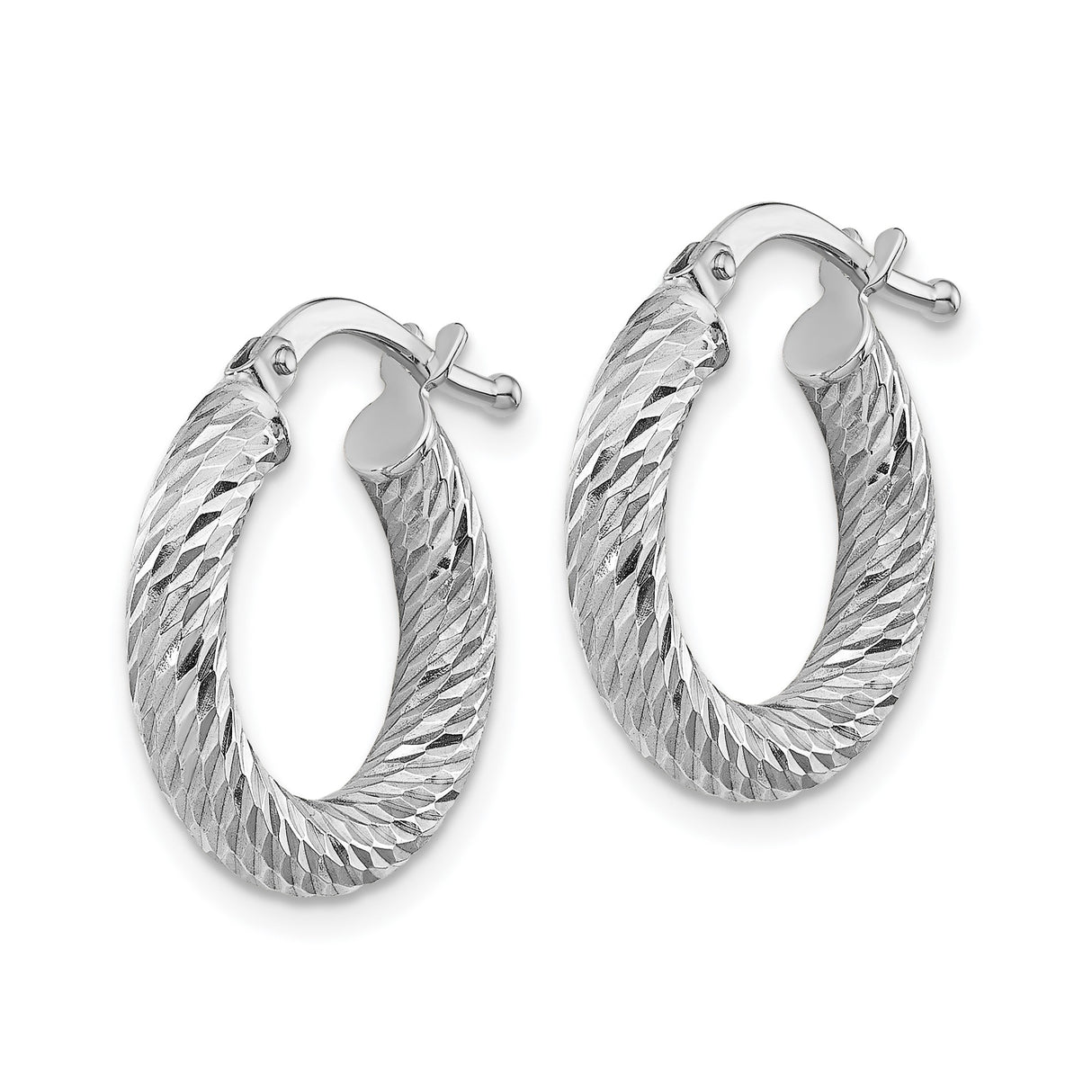 14k White Gold Hoop Earrings, Medium Round with Diamond Cut Textured Finish
