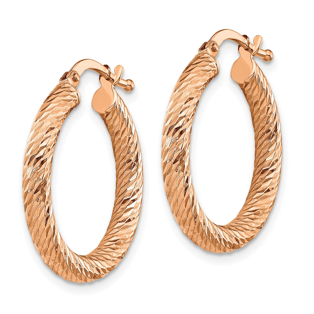 14k Rose Gold Hoop Earrings, Diamond-Cut Textured Round Latch-Back Design for Women