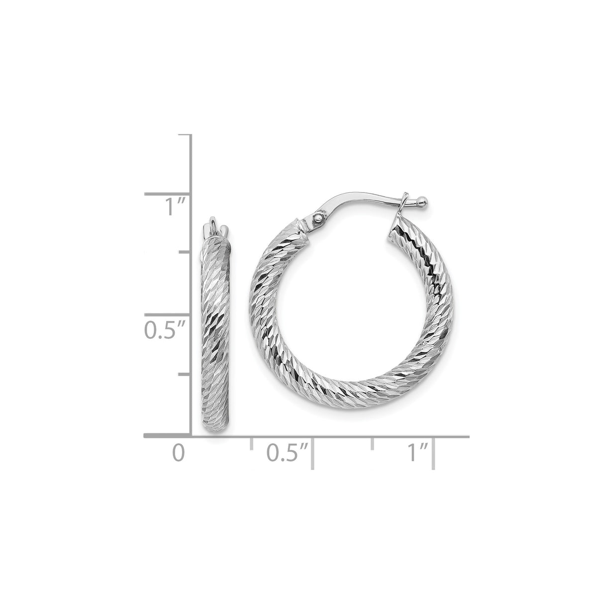 14k White Gold Hoop Earrings, Diamond Cut Textured Round Design, Lightweight Minimal Style