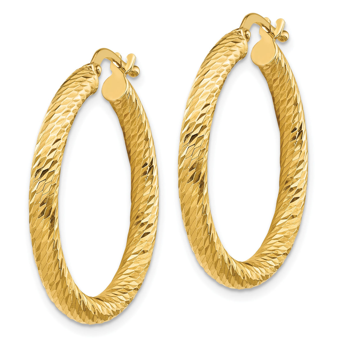 14k Yellow Gold Hoop Earrings, Diamond Cut Textured Round Polished Design for Women