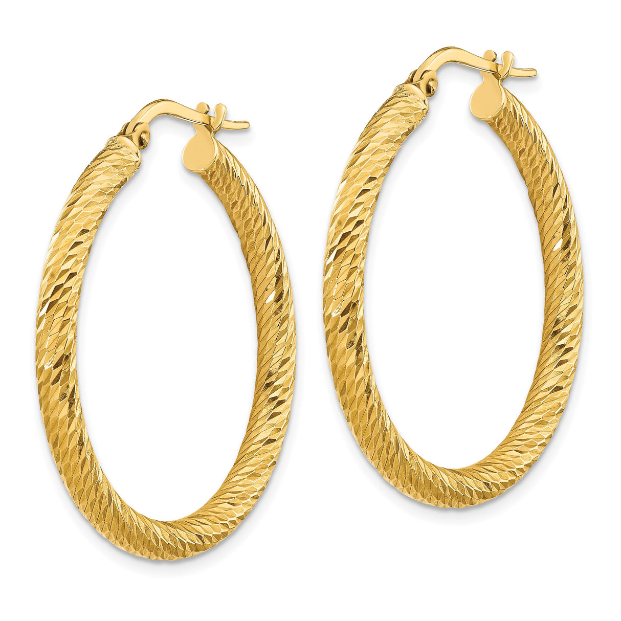 14k Yellow Gold Hoop Earrings, Diamond Cut Textured Round Hoops with Hinged Closure