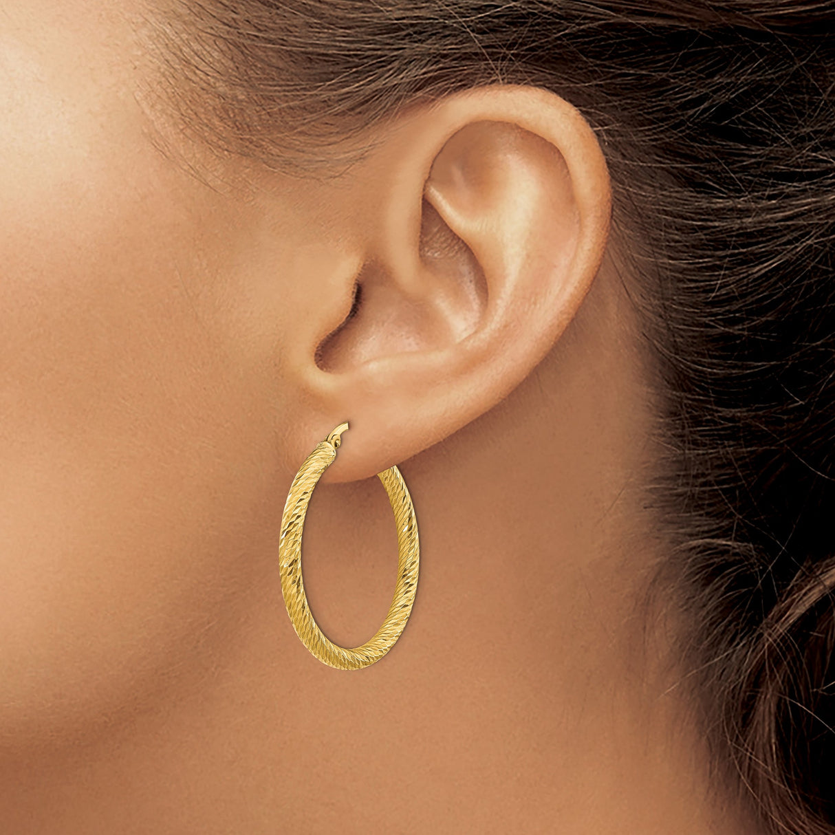 14k Yellow Gold Hoop Earrings, Diamond Cut Textured Round Hoops with Hinged Closure