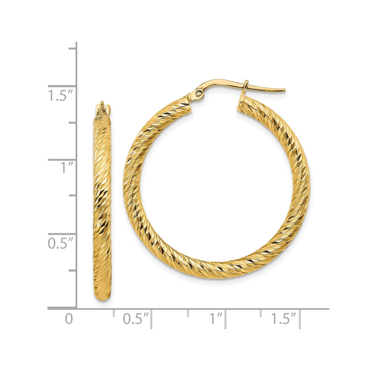 14k Yellow Gold Hoop Earrings, Diamond Cut Textured Round Hoops with Hinged Closure