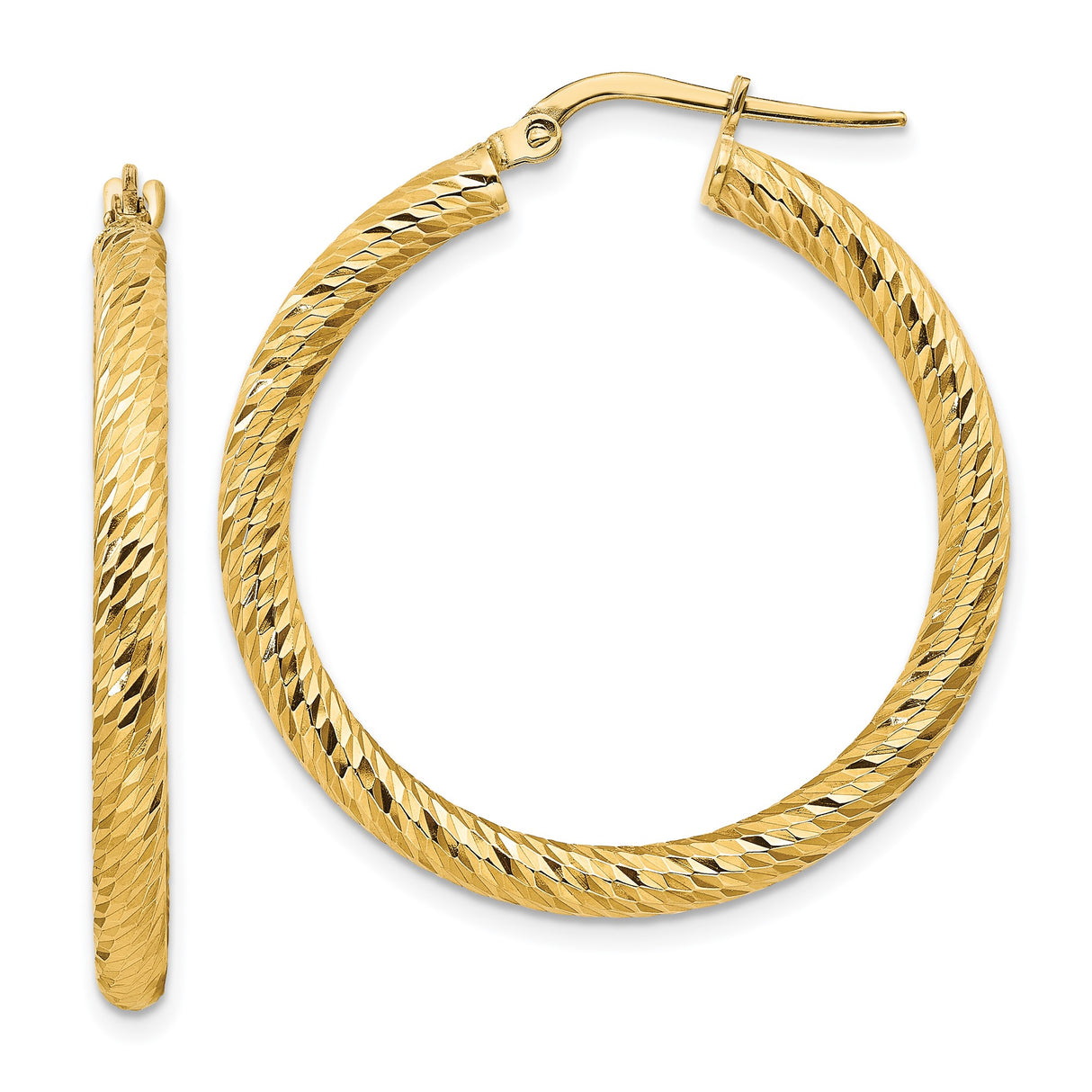14k Yellow Gold Hoop Earrings, Diamond Cut Textured Round Hoops with Hinged Closure