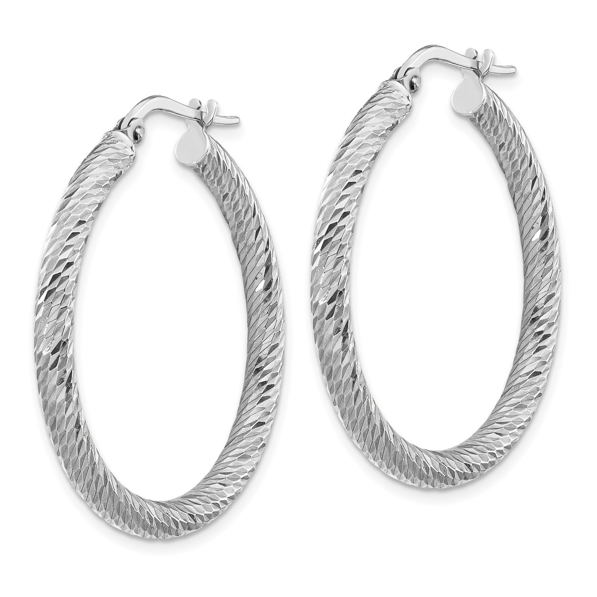 14k White Gold Hoop Earrings, Diamond Cut Textured Finish with Latch Back Closure