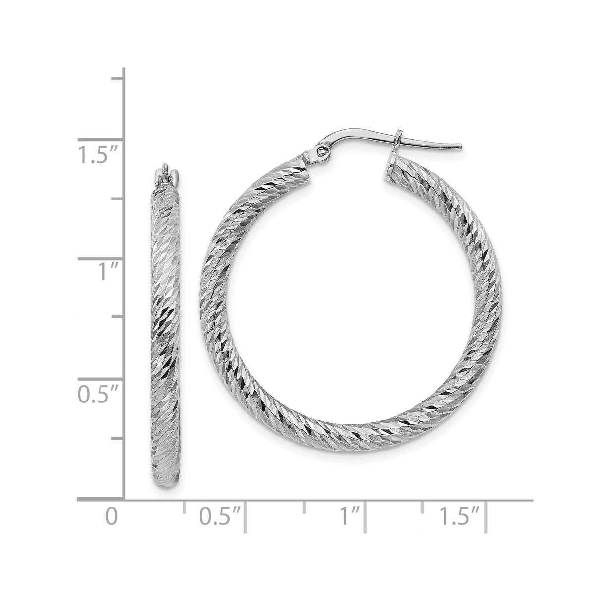 14k White Gold Hoop Earrings, Diamond Cut Textured Finish with Latch Back Closure