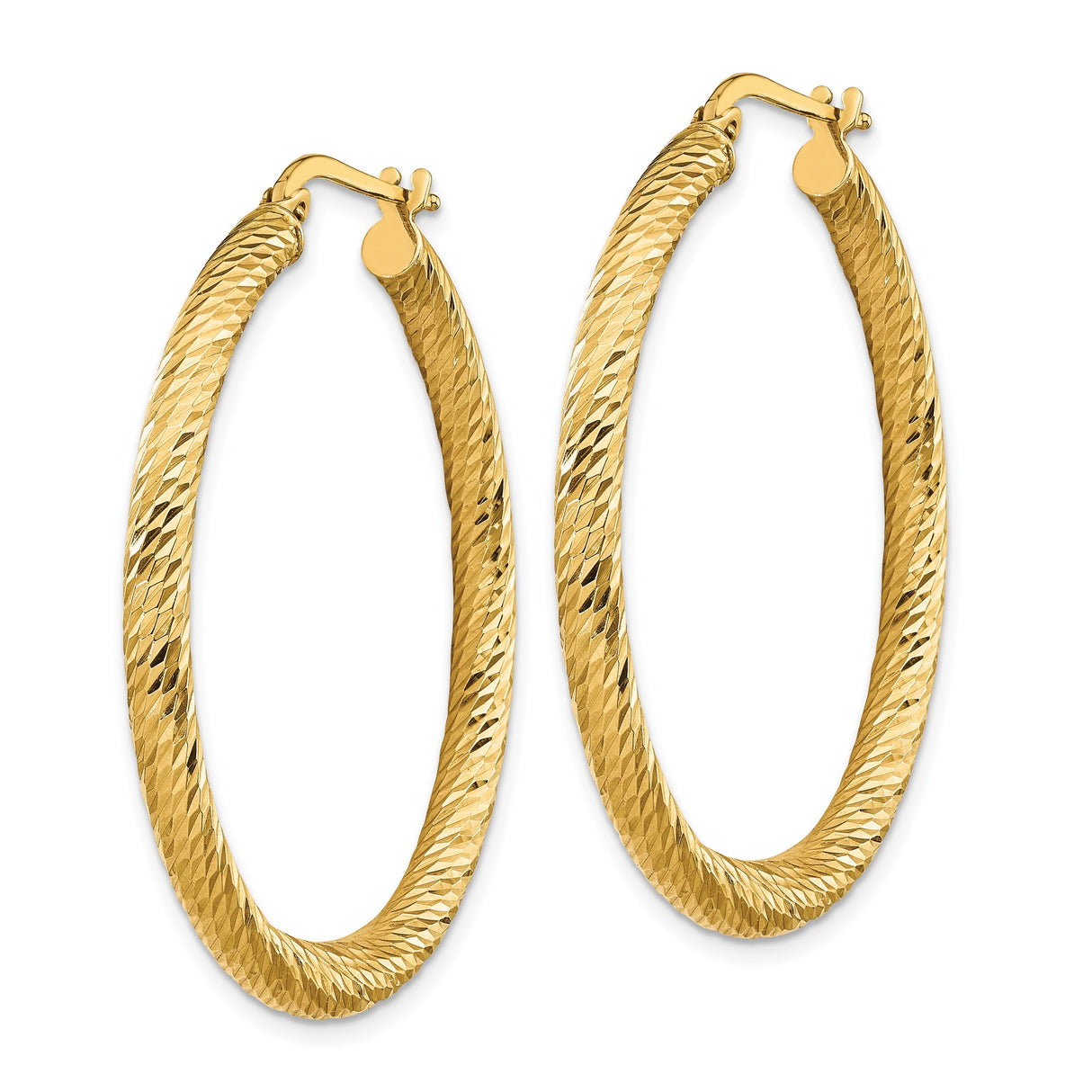 14k Yellow Gold Hoop Earrings, Textured Diamond Cut Round Hoops with Polished Finish